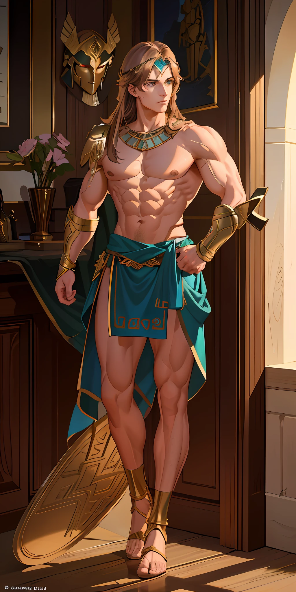 (extremely detailed CG unity 8k wallpaper, high resolution, masterpiece, best quality, ultra-detailed), gorgeous bronze age atmosphere, bronze armor, greek helmet

[(1male character), muscular, strong physique,achilles, ancient greek soldier, brown hair,green eyes, (training grounds),training pose, (embedded mythological elements),]:0.85