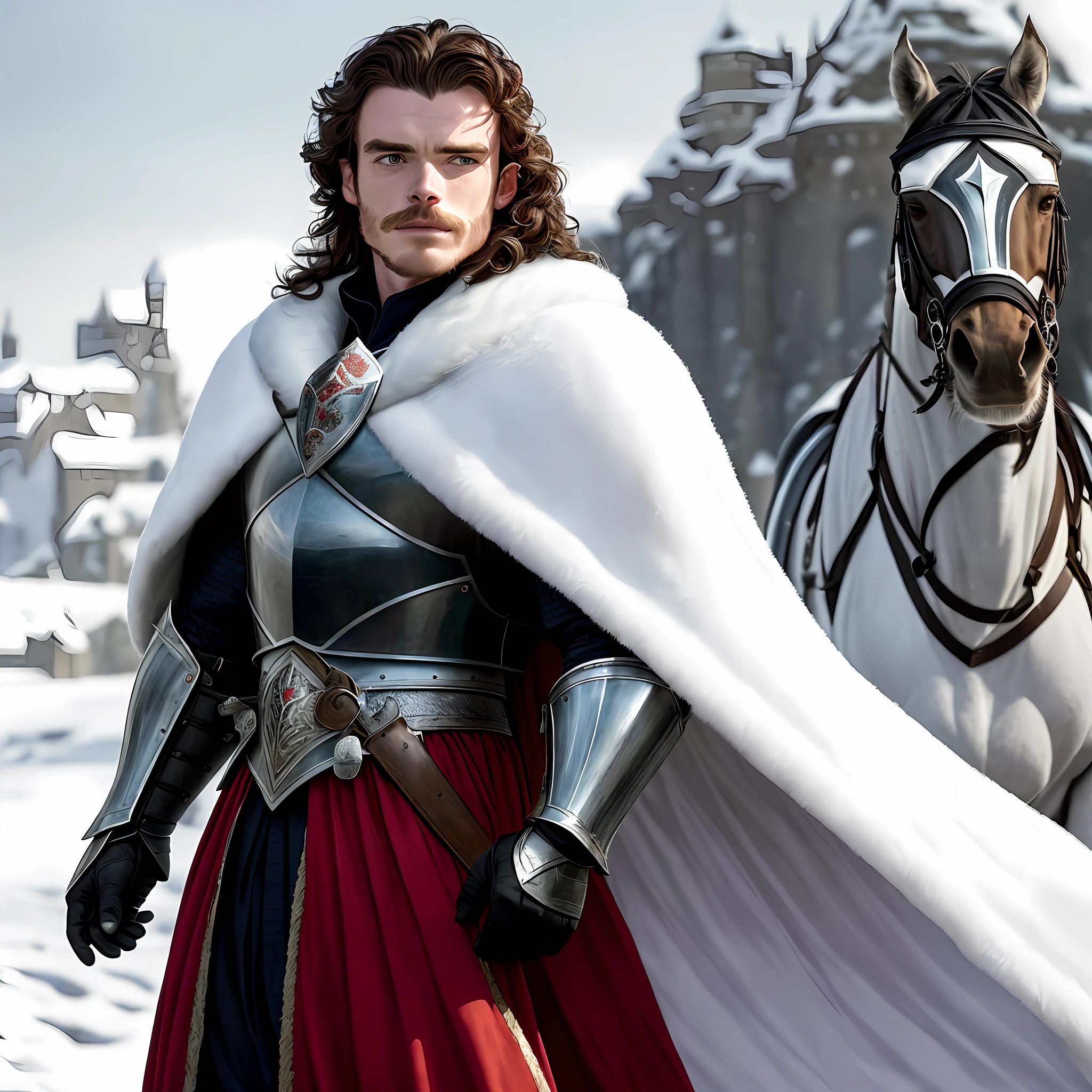 (Masterpiece: 1.2), (Best Quality: 1.2), Volume Light, (solo), 1 man, 40 years old, tall figure, Richard Madden's face, mustache in the jaw, black hair, long hair, medieval heavy knight, (white-red tone 1.4), medieval white heavy armor, (black fur shawl), snow background