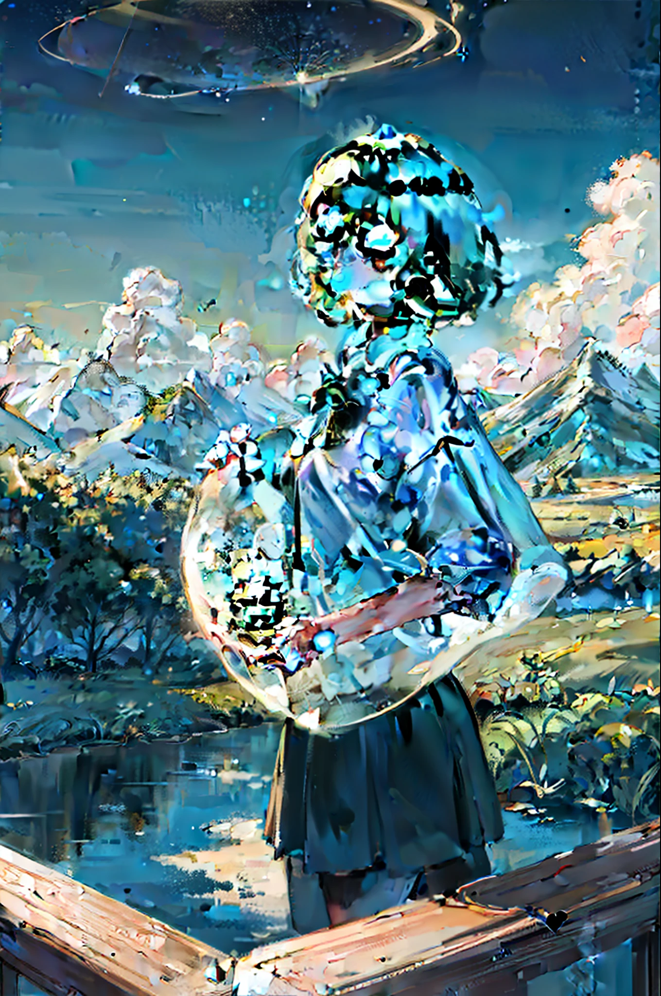 A giant mirror sphere floating in space, flickering lights, sad hamster lost (heaven like green fields surrounded by high mountains and clouds:1.3), particles in the air, god rays, stars in the background, intricate fractals, detailed, (illustration), masterpiece, high resolution, best quality.