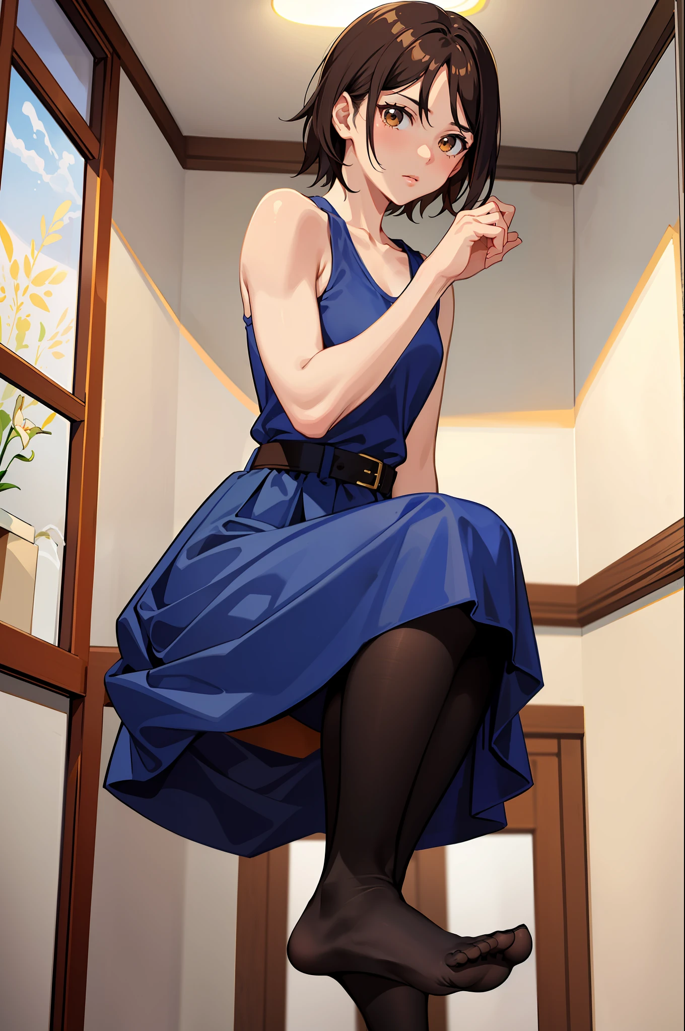 (masterpiece, premium quality: 1.2), alone, strong, 1girl (Kazama Asuka), short brown hair, brown eyes, showing perfect feet in blue socks,