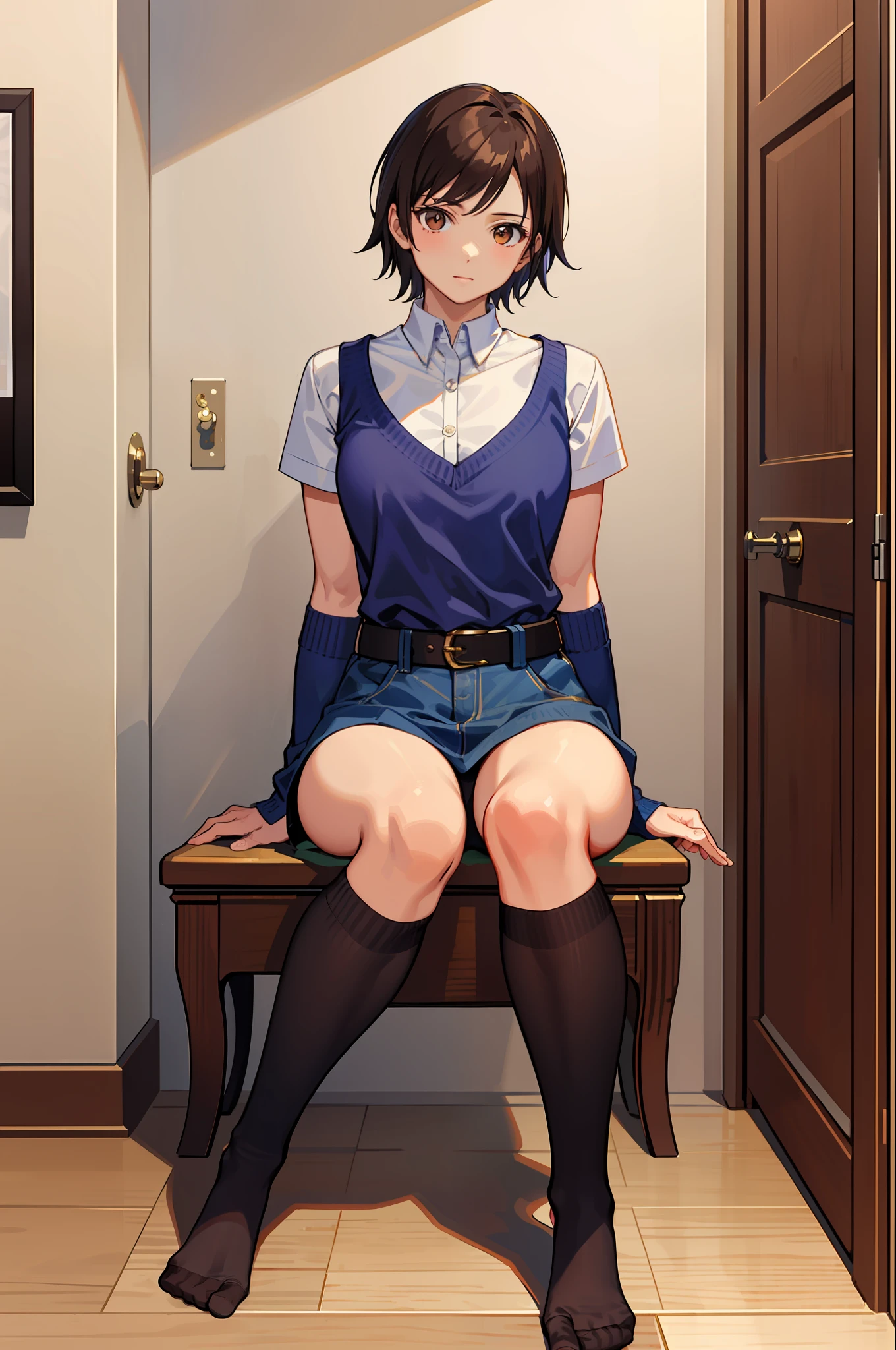 (masterpiece, premium quality: 1.2), alone, strong, 1girl (Kazama Asuka), short brown hair, brown eyes, showing perfect feet in blue socks,