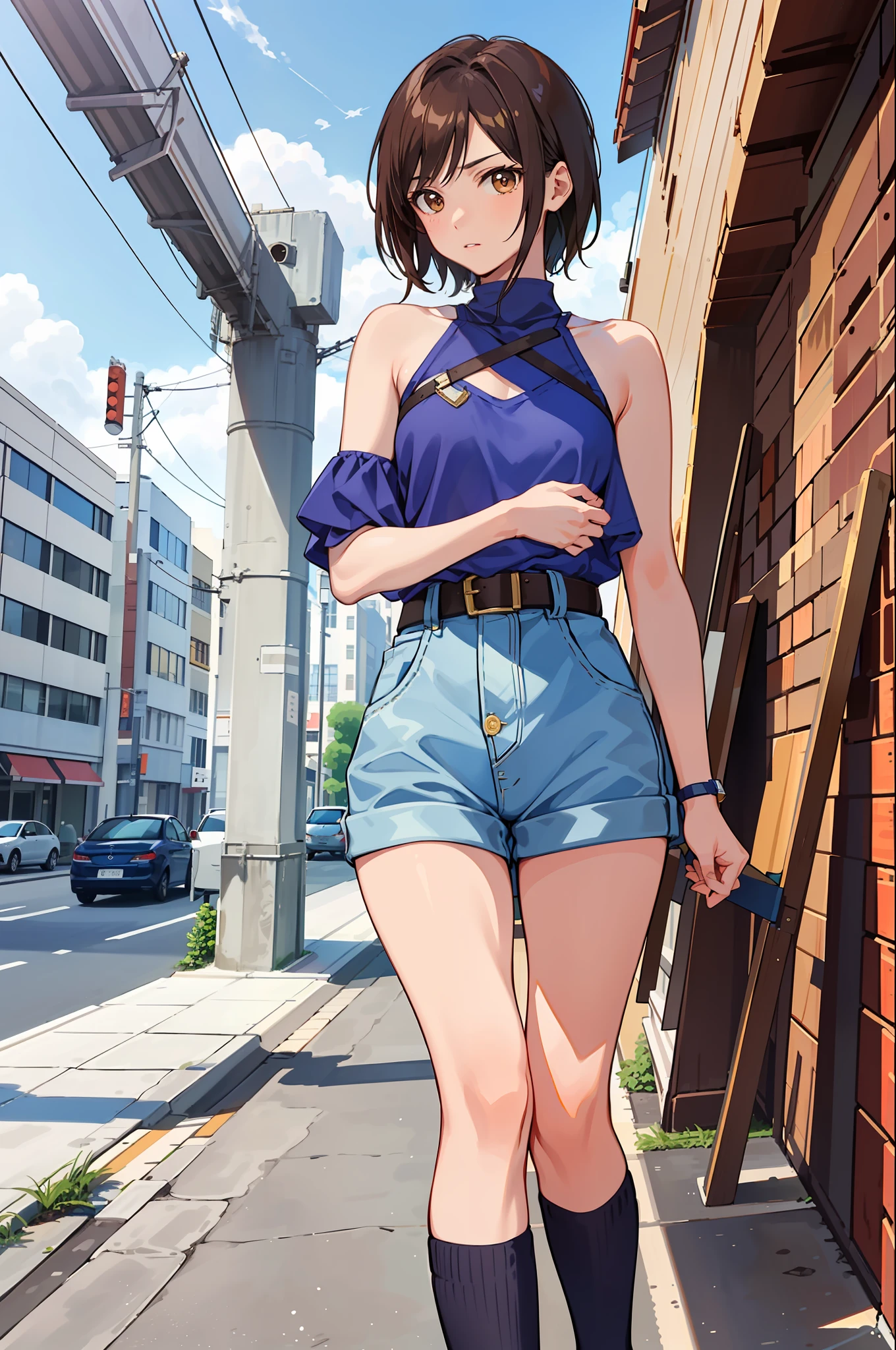 (masterpiece, premium quality: 1.2), alone, strong, 1girl (Kazama Asuka), short brown hair, brown eyes, showing perfect feet in blue socks,