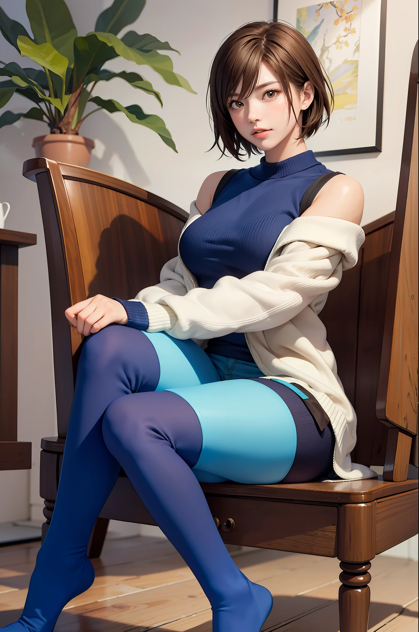 (masterpiece, premium quality: 1.2), alone, strong, 1girl (Kazama Asuka), short brown hair, brown eyes, showing perfect feet in blue socks,