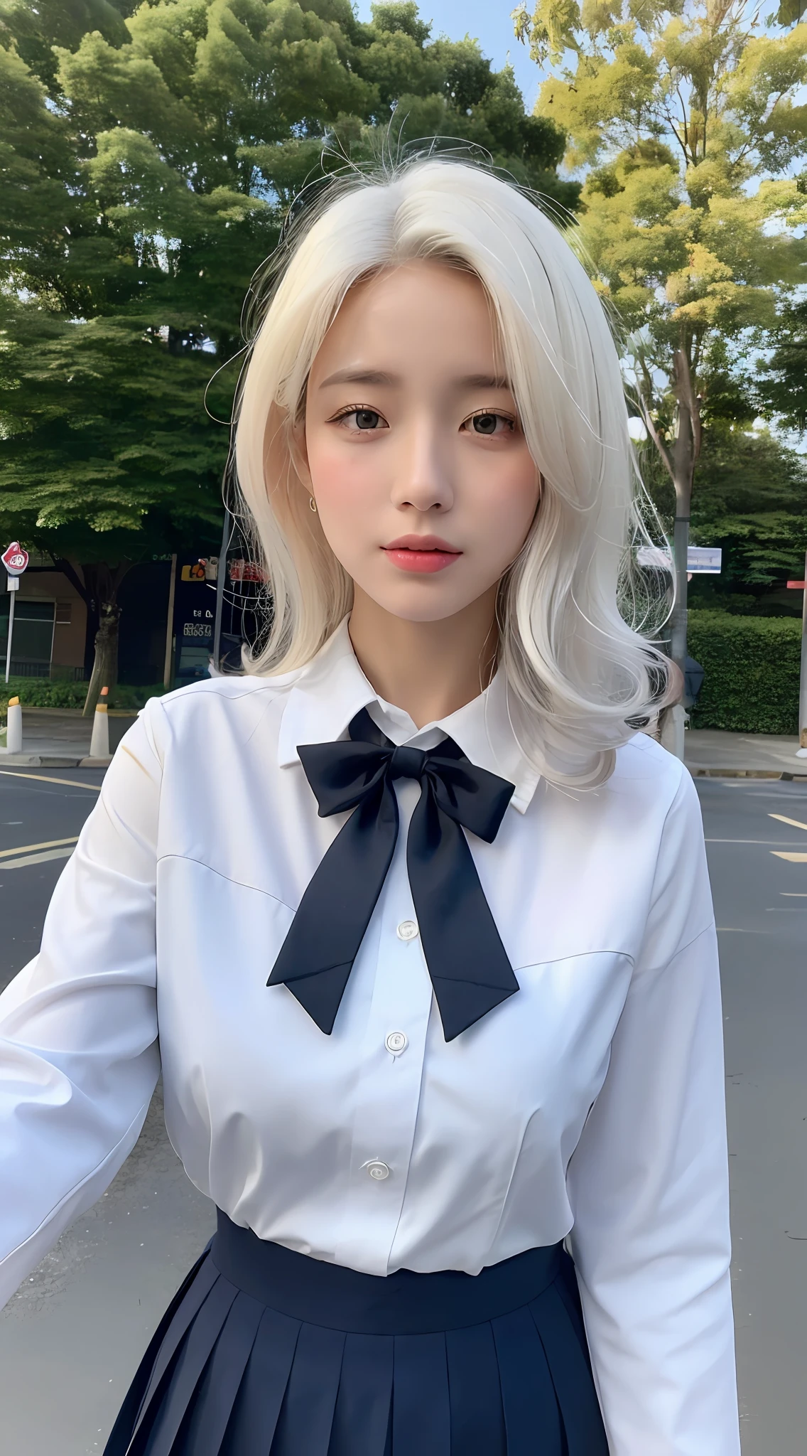 ((Realistic lighting, Best Quality, 8K, Masterpiece: 1.3)), Clear focus: 1.2, 1girl, Perfect Body Beauty: 1.4, Slim Abs: 1.1, ((White Hair, Milk: 1.3)), Imperial Sister Pose, (Outdoor, Daytime: 1.1), City Street, Super Fine Face, Fine Eyes, Double Eyelids, Curly Hair, Fair Skin, JK Uniform