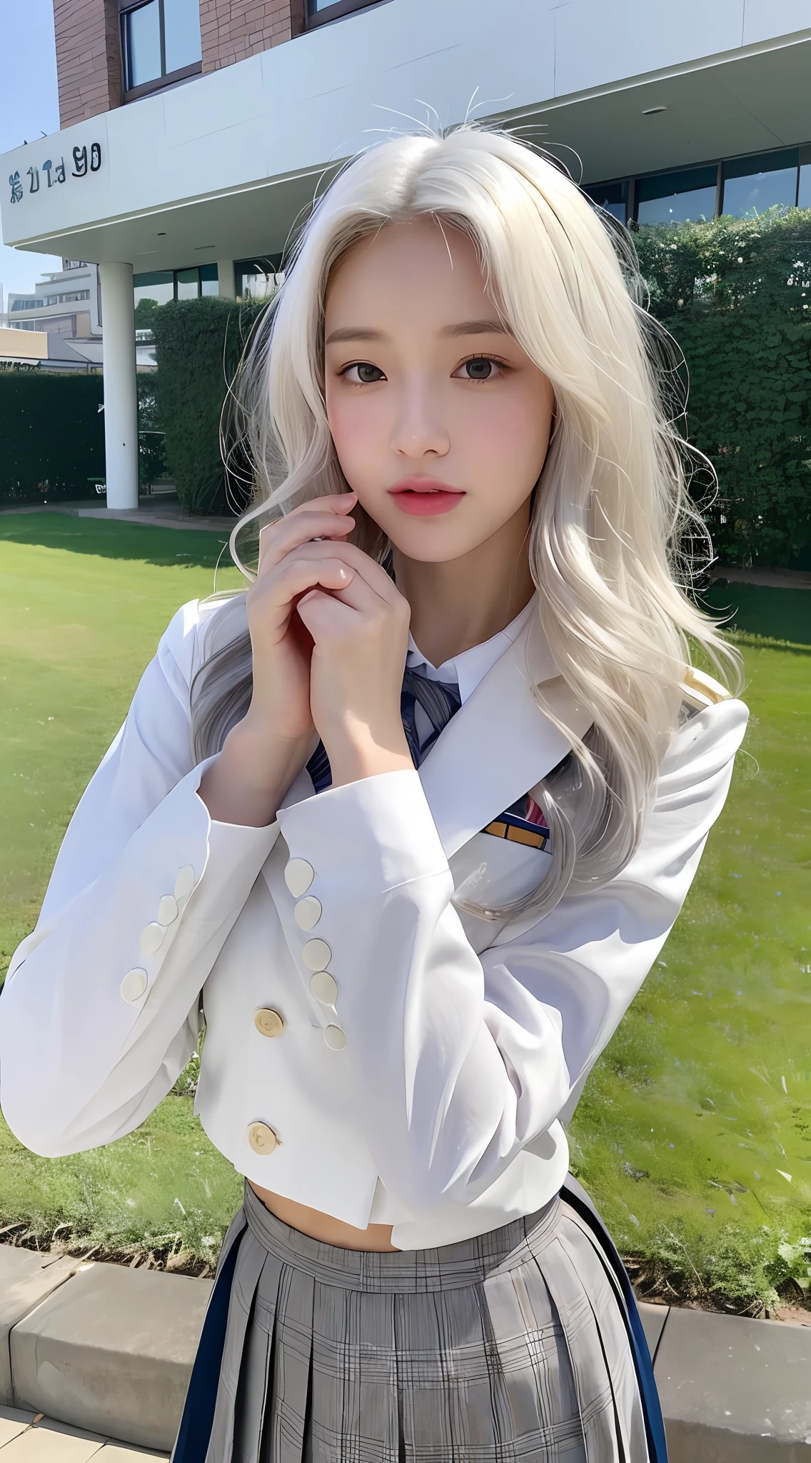 ((Realistic lighting, Best Quality, 8K, Masterpiece: 1.3)), Clear focus: 1.2, 1girl, Perfect Body Beauty: 1.4, Slim Abs: 1.1, ((White Hair, Milk: 1.3)), Imperial Sister Pose, (Outdoor, Daytime: 1.1), City Street, Super Fine Face, Fine Eyes, Double Eyelids, Curly Hair, Fair Skin, JK Uniform