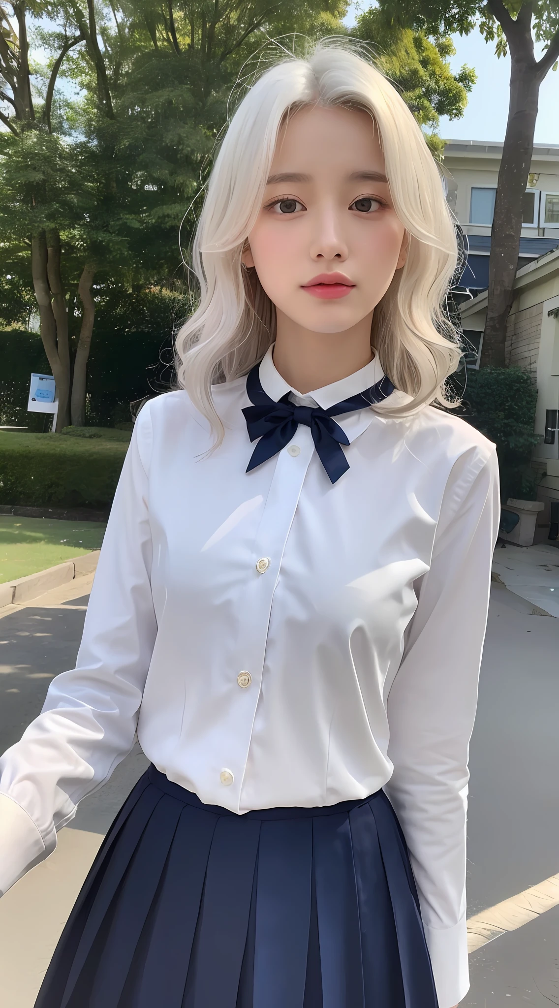 ((Realistic lighting, Best Quality, 8K, Masterpiece: 1.3)), Clear focus: 1.2, 1girl, Perfect Body Beauty: 1.4, Slim Abs: 1.1, ((White Hair, Milk: 1.3)), Imperial Sister Pose, (Outdoor, Daytime: 1.1), City Street, Super Fine Face, Fine Eyes, Double Eyelids, Curly Hair, Fair Skin, JK Uniform