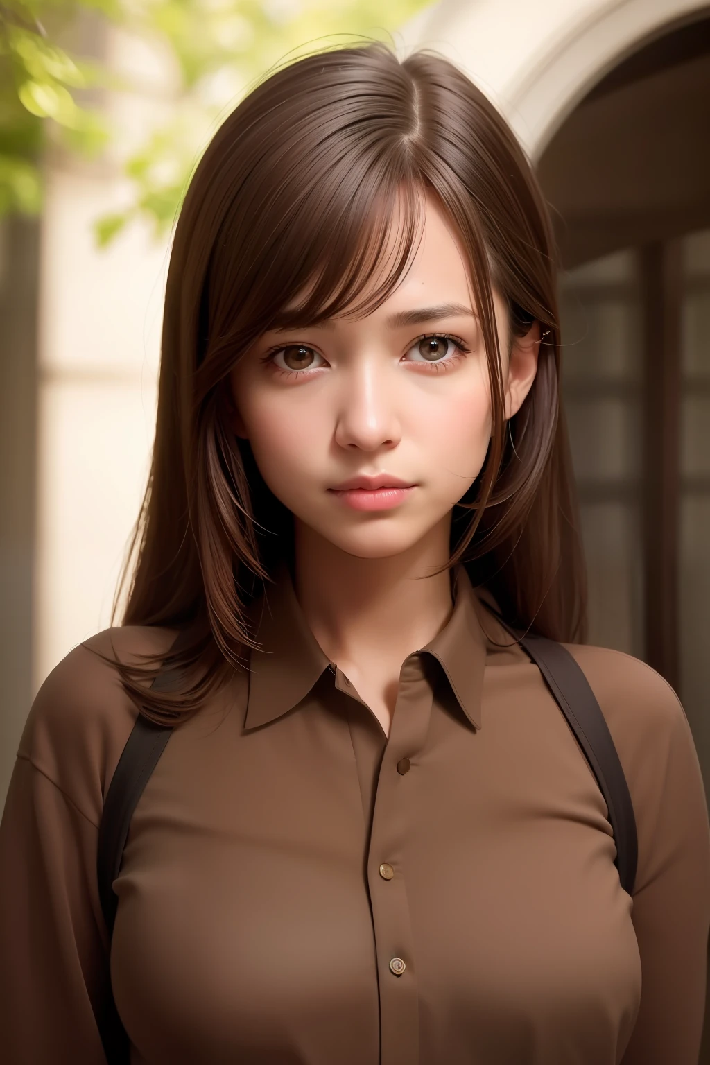 (8k, RAW photo, best quality, masterpiece:1.2), (realistic, photo-realistic:1.2), ((pureerosface_v1:0.2)),1girl, brown_eyes, brown_hair, closed_mouth, lips, long_hair, looking_at_viewer, realistic, smile, solo , (upper body:1.5), medium breast,
