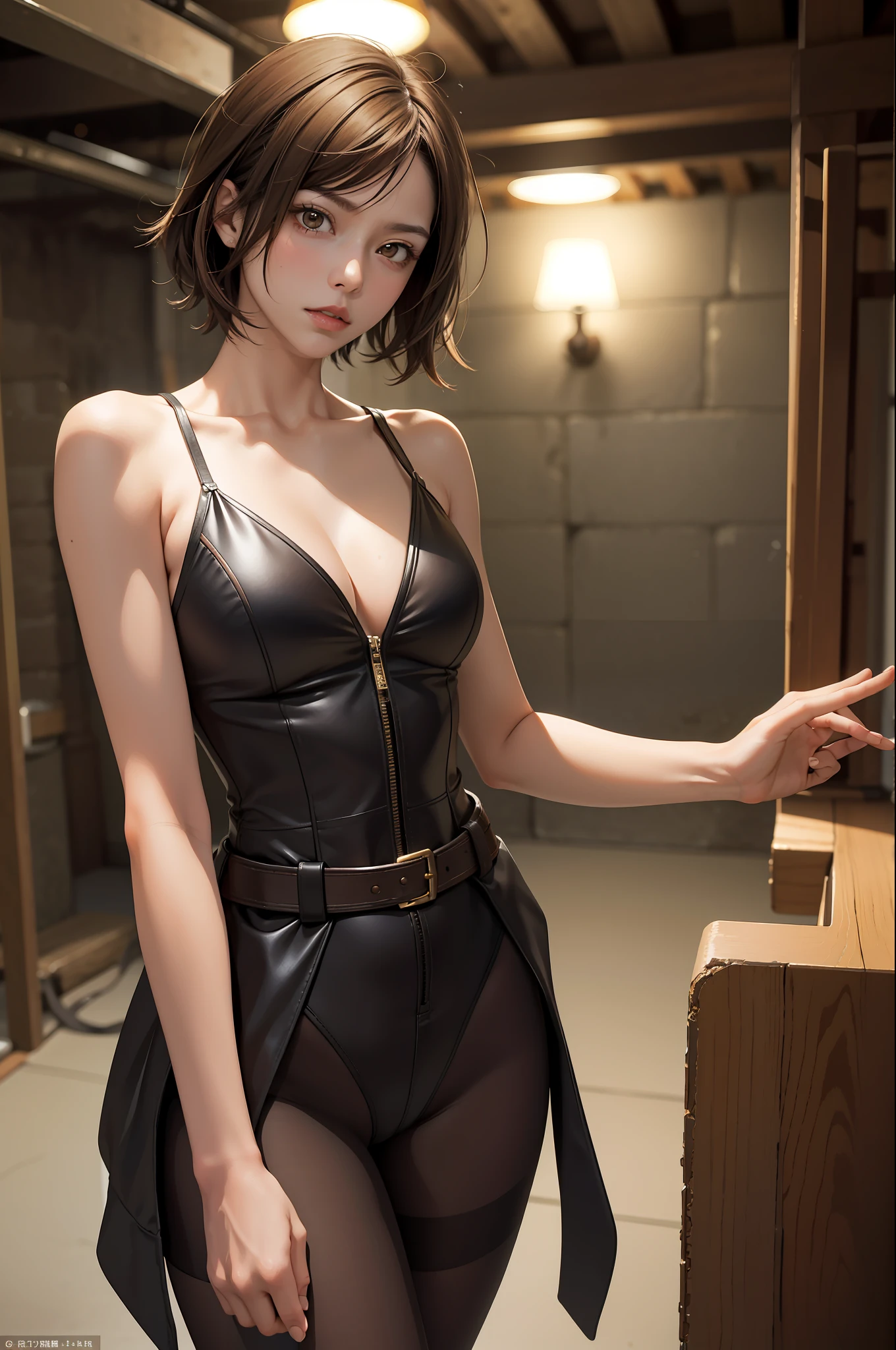 (masterpiece, premium quality: 1.2), alone, strong, 1girl (Kazama Asuka), short brown hair, brown eyes, in a cruel mistress outfit, angry, looking at camera, at a basement