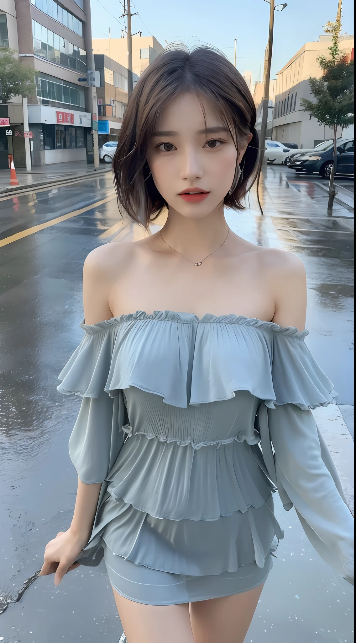 ((Best Quality, 8k, Masterpiece:1.3)), Focus:1.2, Perfect Body Beauty:1.4, Buttocks:1.2, ((Layered Haircut, Breasts:1.2)), (Wet Clothes:1.1) , (Rain, Street:1.3), Bandeau Dress: 1.1, Highly Detailed Face and Skin Texture, Fine Eyes, Double Eyelids, Whitened Skin, Long Hair, (Shut Up: 1.3)