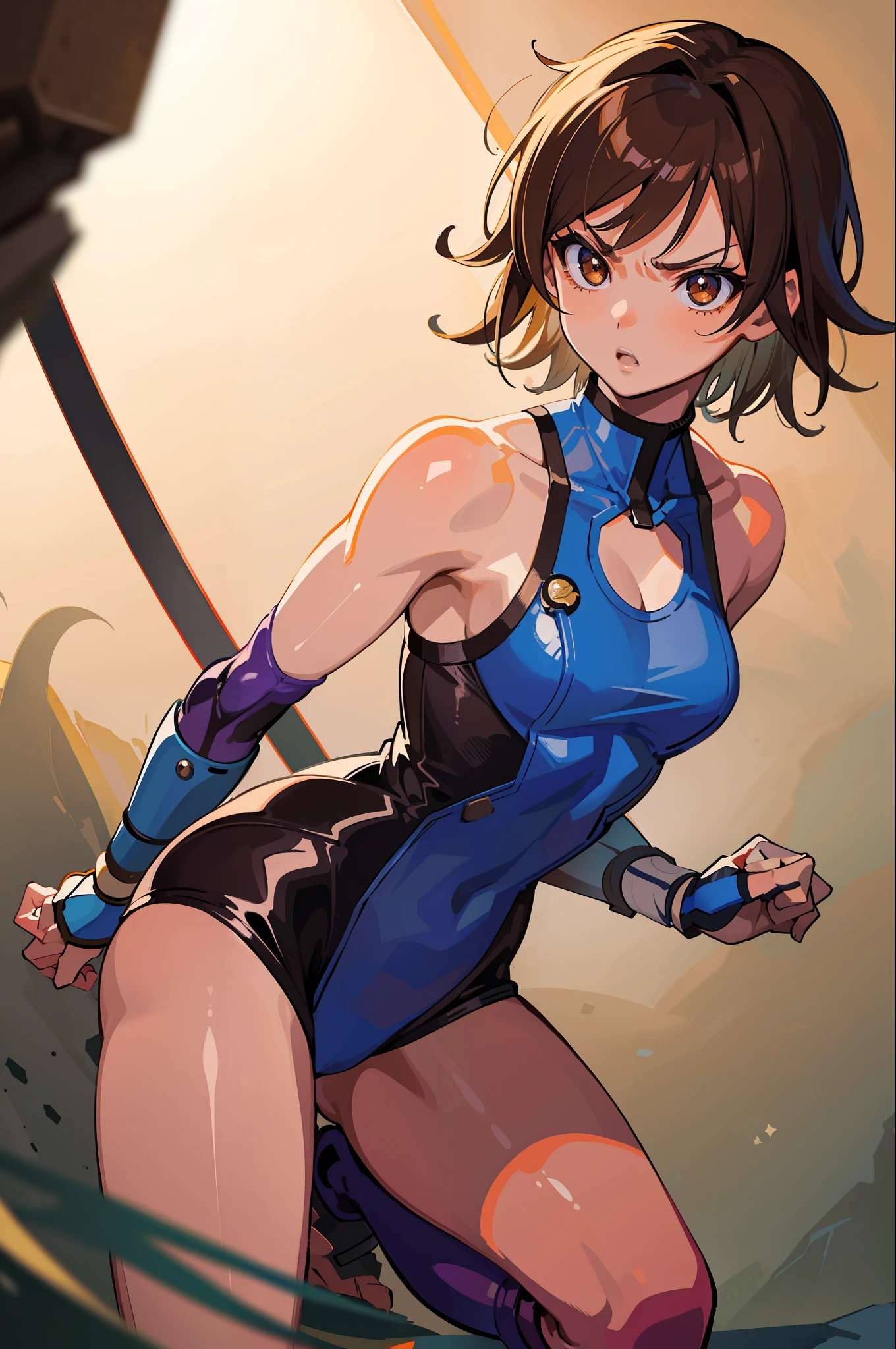 (masterpiece, premium quality: 1.2), alone, strong, 1girl (Kazama Asuka), short brown hair, brown eyes, in a cruel mistress outfit, angry, looking at camera, at a basement