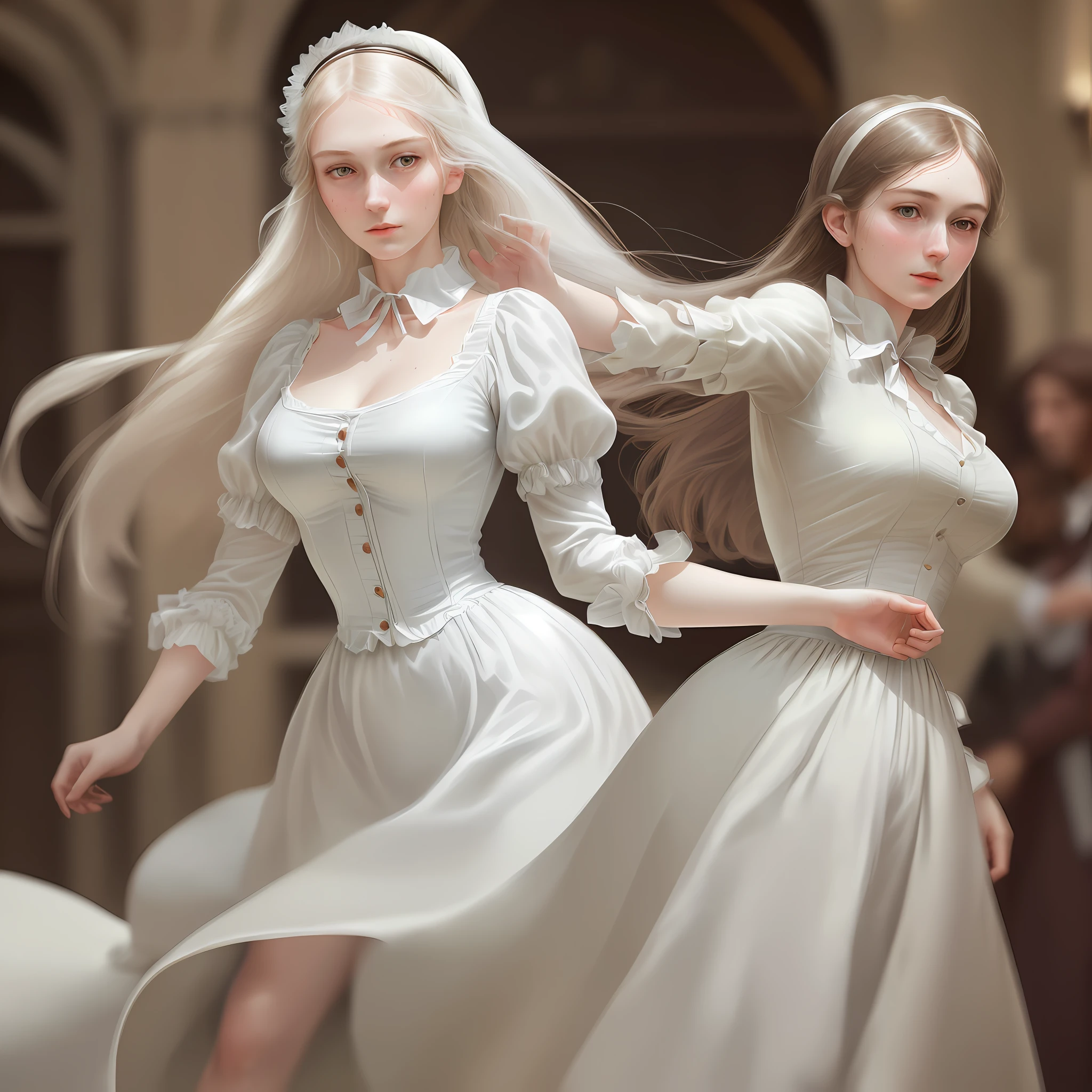 Amazingly beautiful girl from England, Florence Nightingale, Victoria, pale skin, (((realistic face)), realistic proportions, delicate body, ballet moves, damp, white formal shirt, loose collar buttons, nipple bumps, long loose hair, sweaty clothes, sweaty skin, fluffy breasts, (delicate illustrations: 1.4), (Renaissance art: 1.4), ( Ultra High Resolution: 1.2), (Photorealistic: 1.4), (8K, RAW Photo: 1.2), (Soft Focus: 1.4), (18 years old: 1.3), (Sharp Focus: 1.4), Beautiful face with attention to detail, Pure Rose Face_V1, photorealistic illustration, natural light lighting, indoors, focus overall