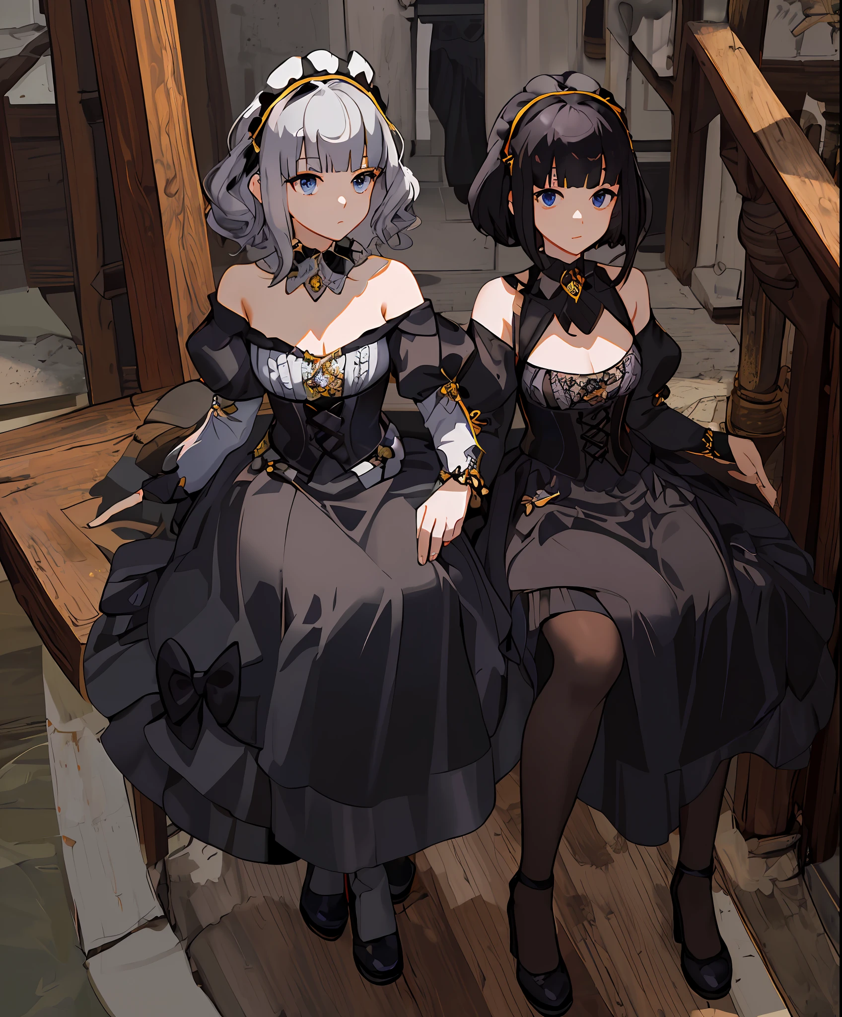 masterpiece, best quality, 1girl,  medieval times, full body, curly hair, jewelry, gem, fully black dress, off-shoulder, bow, black pantyhose, vertical pantyhose, puffy sleeves, blunt bangs, detached collar, black maid headdress, black bow, white collar, black shoes, corset, blue eyes, silver hair, short hair, gold eyes