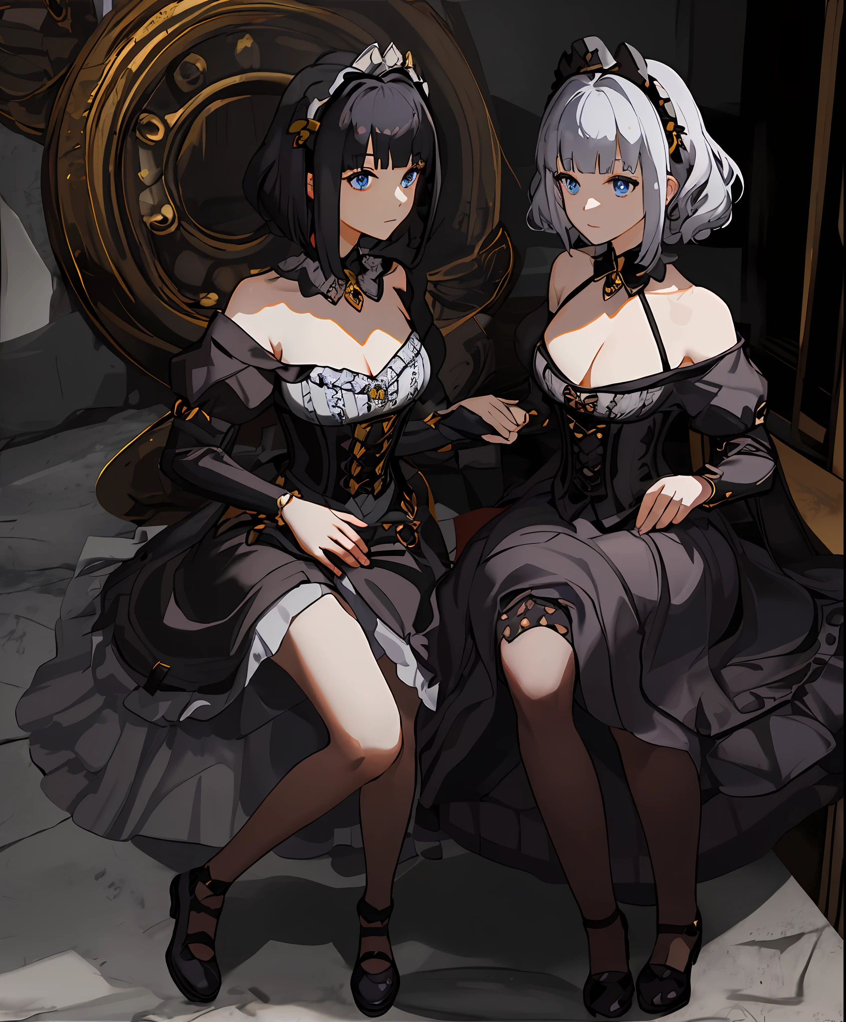 masterpiece, best quality, 1girl, medieval times, full body, curly hair, jewelry, gem, fully black dress, off-shoulder, bow, black pantyhose, vertical pantyhose, puffy sleeves, blunt bangs, detached collar, black maid headdress, black bow, white collar, black shoes, corset, blue eyes, silver hair, short hair, gold eyes