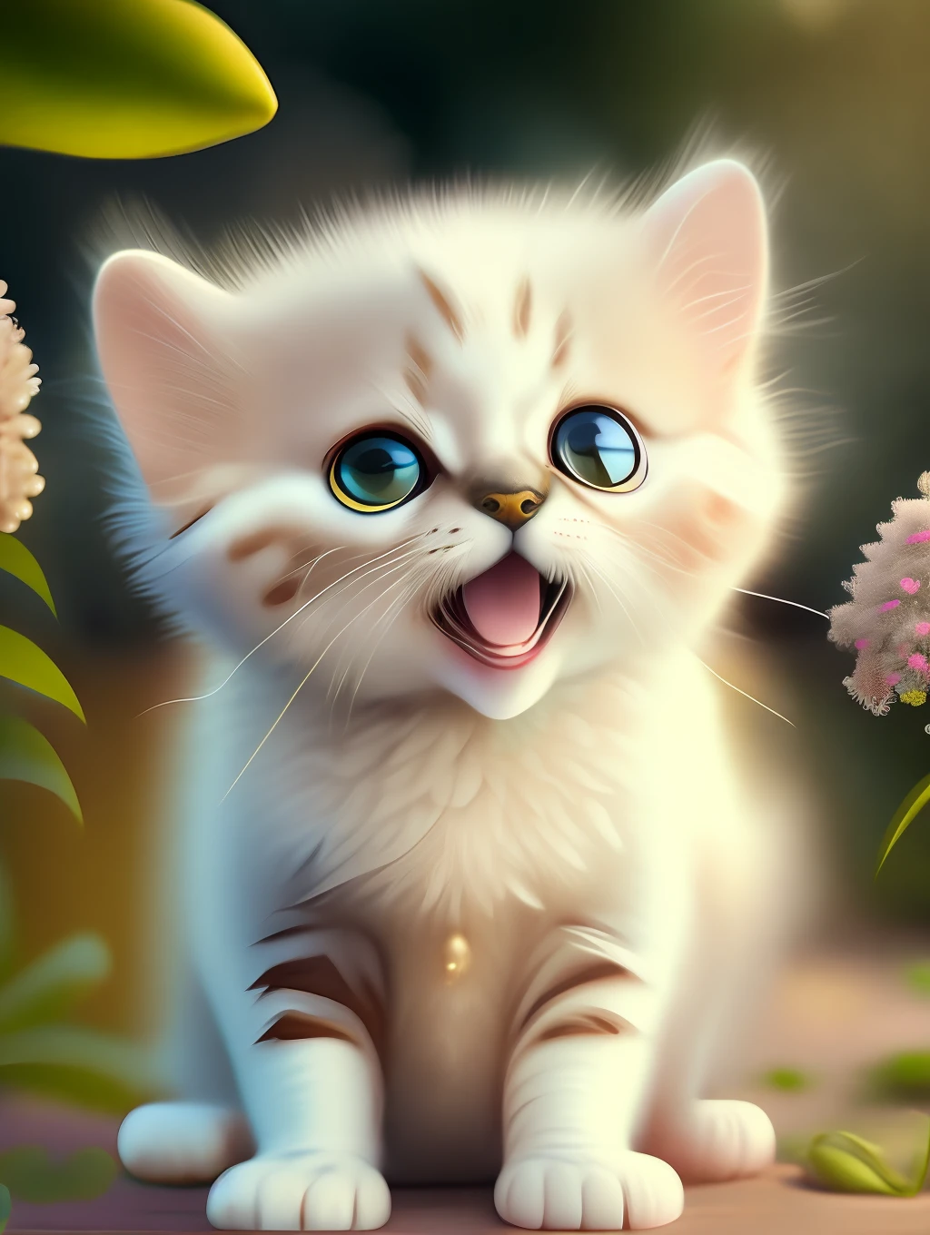 Very cute furry white tropical punk kitten, big eyes, flowers, bushes, full body, open mouth, laugh, professional light, depth of field 8k, golden magic moment, professional photography, octane rendering, super realistic - amazing sunlight, dynamic composition, photography, sharp focus, background bokeh, open mouth, laugh !!!