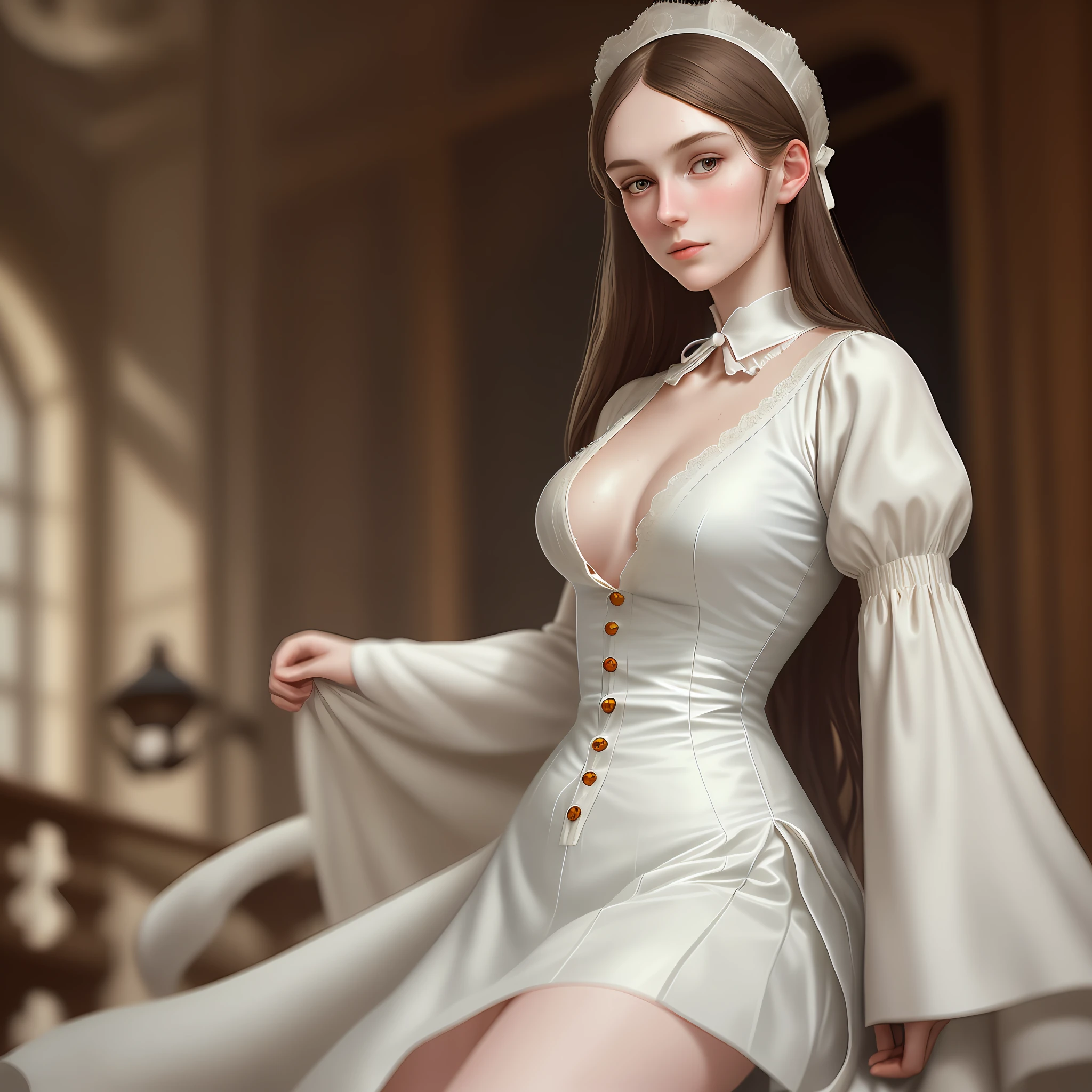 Amazingly beautiful girl from England, Florence Nightingale, Victoria, pale skin, (((realistic face)), realistic proportions, delicate body, staring at the camera, ballet moves, damp, white formal shirt, loose collar buttons, nipple bumps, long loose hair, sweaty clothes, sweaty skin, fluffy chest, ((focus on the whole body)), ( Delicate Illustrations: 1.4), (Renaissance Art: 1.4), (Ultra High Resolution: 1.2), (Photorealistic: 1.4), (8K, RAW Photos: 1.2), (Soft Focus: 1.4), (18 years old: 1.3), (Sharp Focus: 1.4), Beautiful Face with Attention to Detail, Pure Rose Face_V1, Photorealistic Illustrations, Natural Light Lighting, Indoor