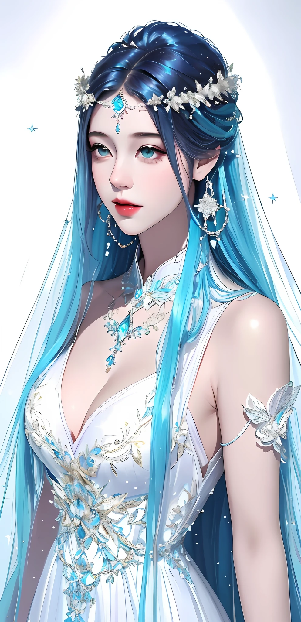 ((Masterpiece)), (Realistic:1.2), (Fantasy), Solo, (Original), (Very Detailed Wallpaper), Photographic Reality, Very Detailed Illustrations, (Super-Complex Detail), Perfect Detail Features, Perfect Detail, (Best Lighting),[(white background:1.5)::5], (bottle bottom:0.9), 1 girl, mid shot, full body,(This is a beautiful, otherworldly character with delicate features and a mysterious aura. She is adorned in a long, flowing gown made of shimmering silk, which glitters like starlight. Her hair is long and cascading, colored a soft, pastel blue, and adorned with delicate flowers that seem to bloom from her locks. Her eyes are a deep, mesmerizing shade of green, with a faint sparkle that hints at magical powers. She wears a wreath of sparkling gems around her head, and carries a staff adorned with mystical symbols, which glows with an ethereal light.)4K Unified, Octane Rendering, Atmospheric 8K Ultra Detailed, Amazing, Epic, Vivid, Stunning Art, Dreamy, Best Shadow, (Extremely Detailed CG Unity 8K Wallpaper), Unreal Engine, Amazing Fine Details and Brush Strokes, Smooth, HD Semirealistic Anime CG Concept Art Digital Painting, CG Painting, (Photorealistic:1.1)