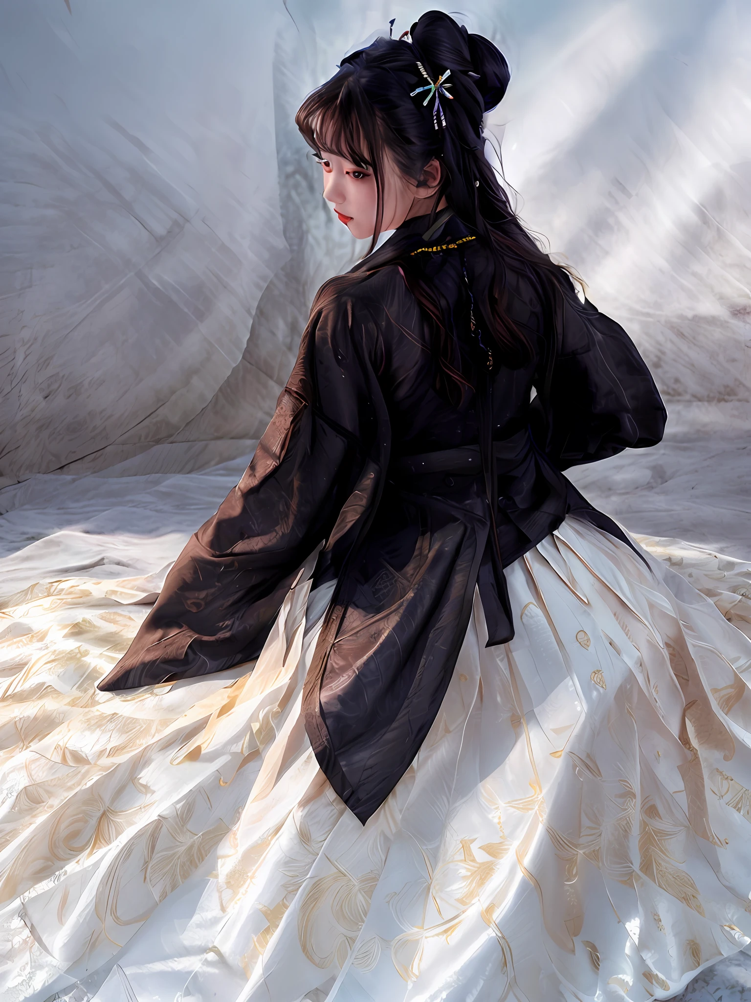 [:(High detail face: 1.2):0.1], (8k, RAW photo, best quality, mastery:1.2), (realistic, photo-realistic:1.37), (((back))),((upper body) ), Best Quality, HDR, Cinematic Lighting, Natural Lighting, Best Quality, Masterpiece, High Resolution, 1girl, Porcelain Dress, Hair Accessories, Necklace, Jewelry, Beautiful Face, Physically, Tyndall Effect, Realistic, dark studio, edge lighting, duotone lighting, 8k uhd, dslr, soft light, high quality, volumetric lighting, photo, high resolution, 4k, 8k, bokeh, ((hanfu)),
