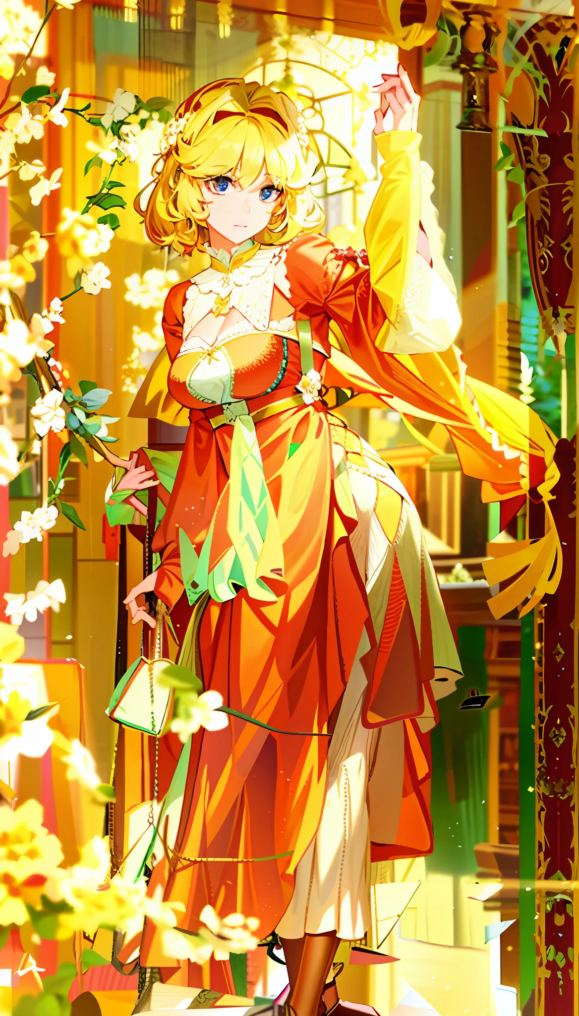 A girl, two-dimensional, realistic, in front of floor-to-ceiling windows, blonde hair, European style