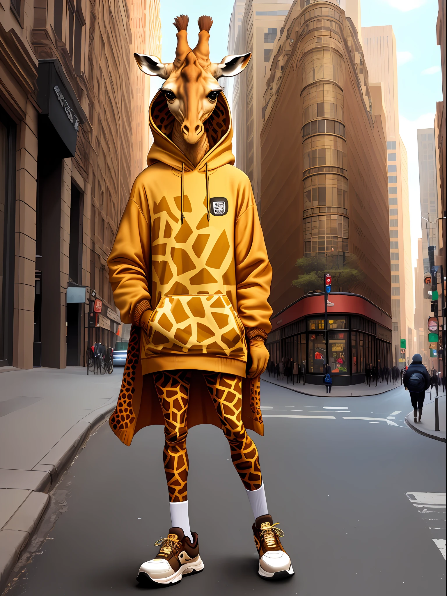 a vain, beautiful giraffe, (((anthropomorphic,))) with a dress with graphic pattern of giraffe skin, hood on the back, brown socks, sneakers, in city street, 80s, ultra-realistic, midday light,