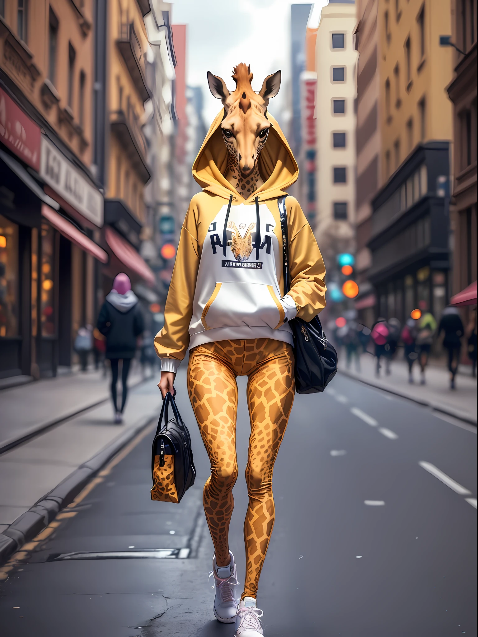 a giraffe (((anthropomorphic,))) , with skirt, hoodie, jewelry, leggings with graphic pattern of giraffe skin, sneakers, vain, beautiful, elegant, strolls in the city, ((((solo))) 80s, ultra-realistic, midday light,