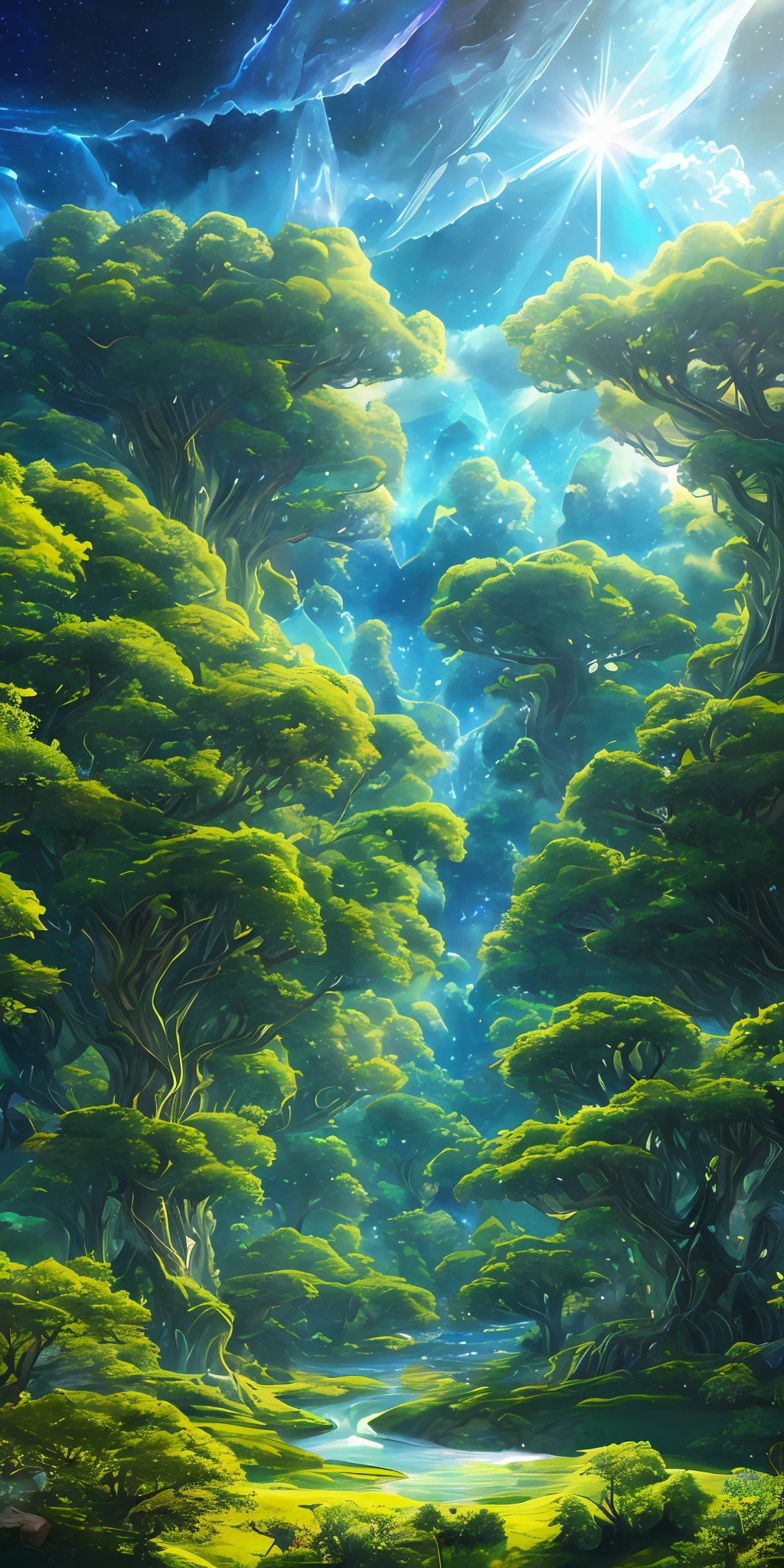 Illustration of a surreal, otherworldly, hyper sky scene including a giant crystal tree full body, highly detailed and magical lighting, intricate forest details, vegetation and surrounding river, solar punk, landscape, giant tree , beautiful green leaves, beautiful lighting and realistic proportions, as if this is a movie background, 8k, highest quality, masterpiece, clouds and stars in the sky.