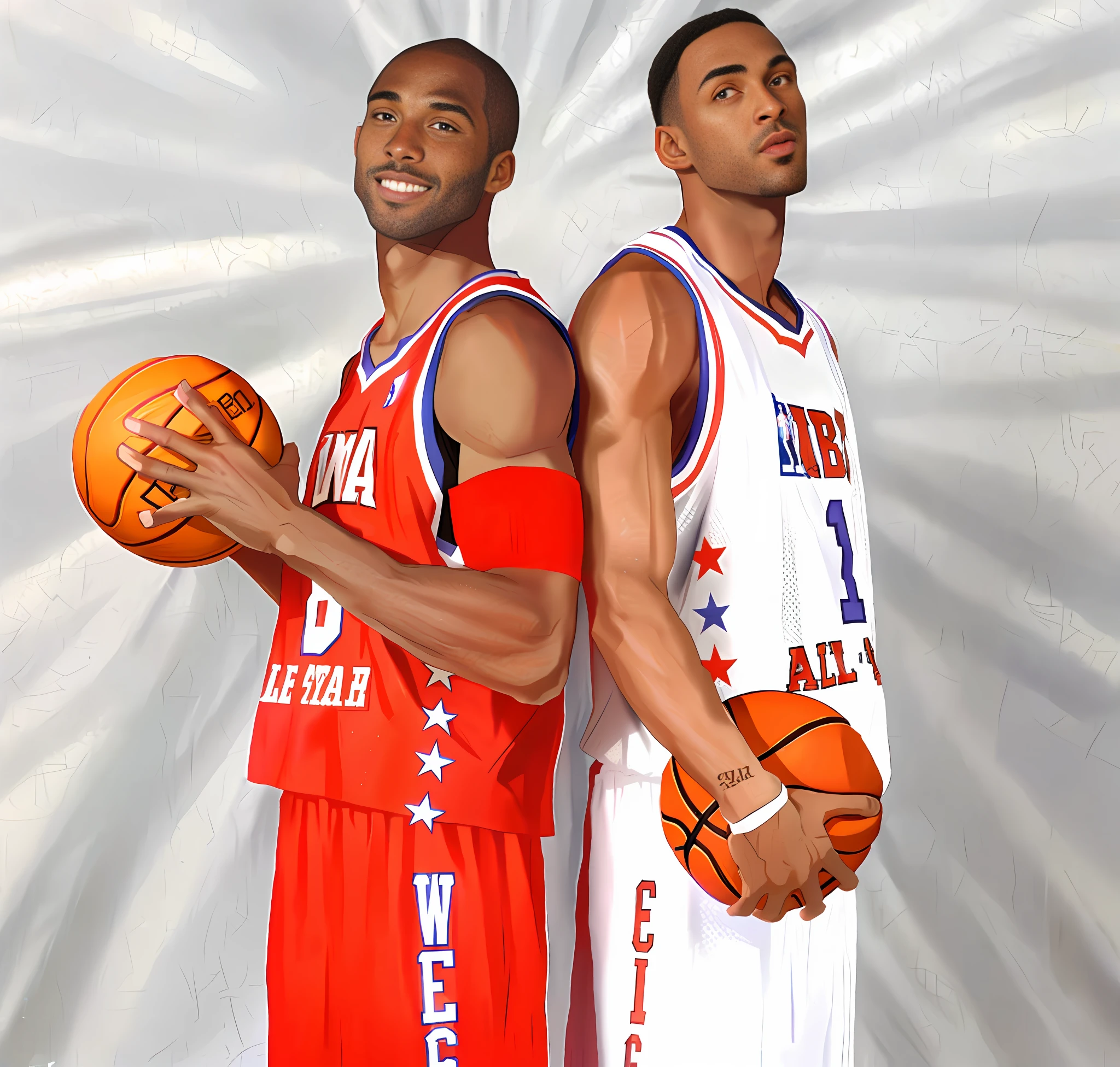 Two basketball players in uniform, Kobe Bryant, Tracy McCready in 2003 NBA All-Ming Planet Shirt, slim and tall, long-range shot, wearing basketball shirts, promotional photos, NBA, Mental Eyes