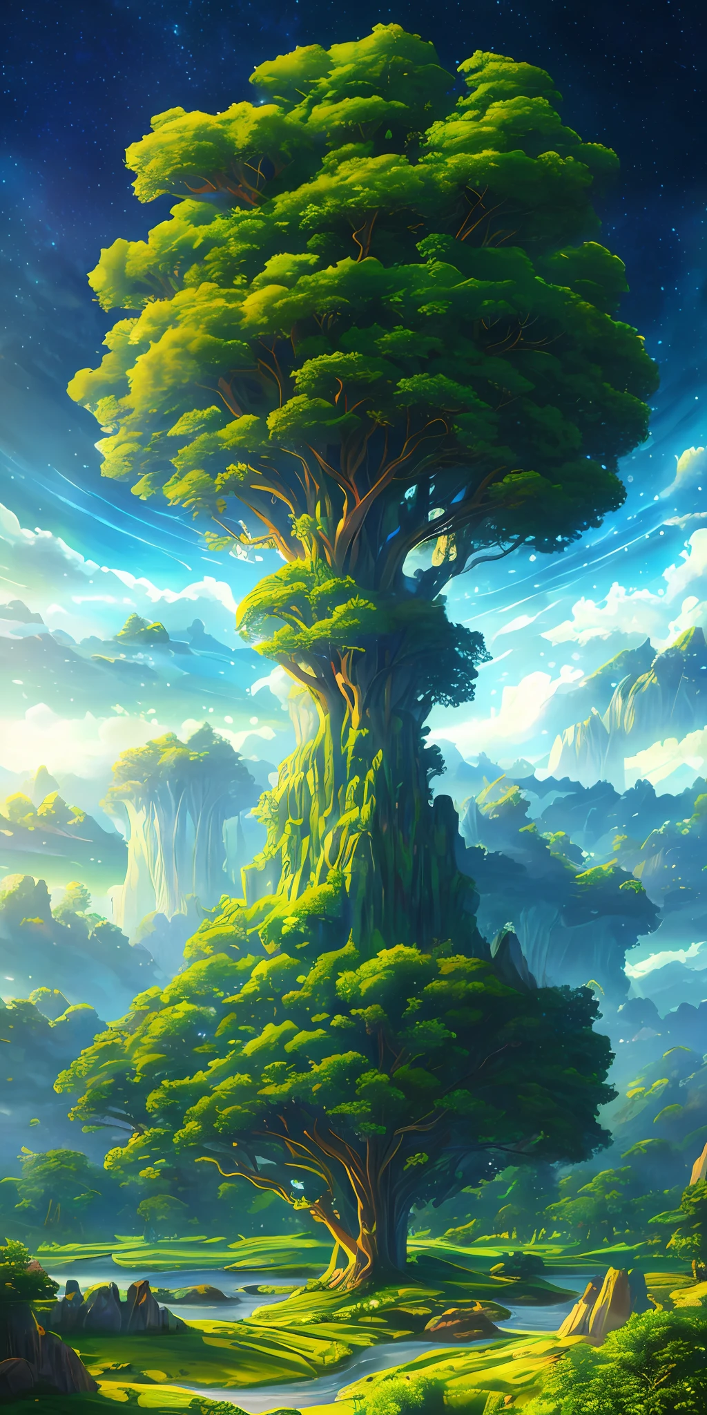 Illustration of a surreal, otherworldly, hyper sky scene including a giant crystal tree full body, highly detailed and magical lighting, intricate forest details, vegetation and surrounding river, solar punk, landscape, giant tree , beautiful green leaves, beautiful lighting and realistic proportions, as if this is a movie background, 8k, highest quality, masterpiece, clouds and stars in the sky.