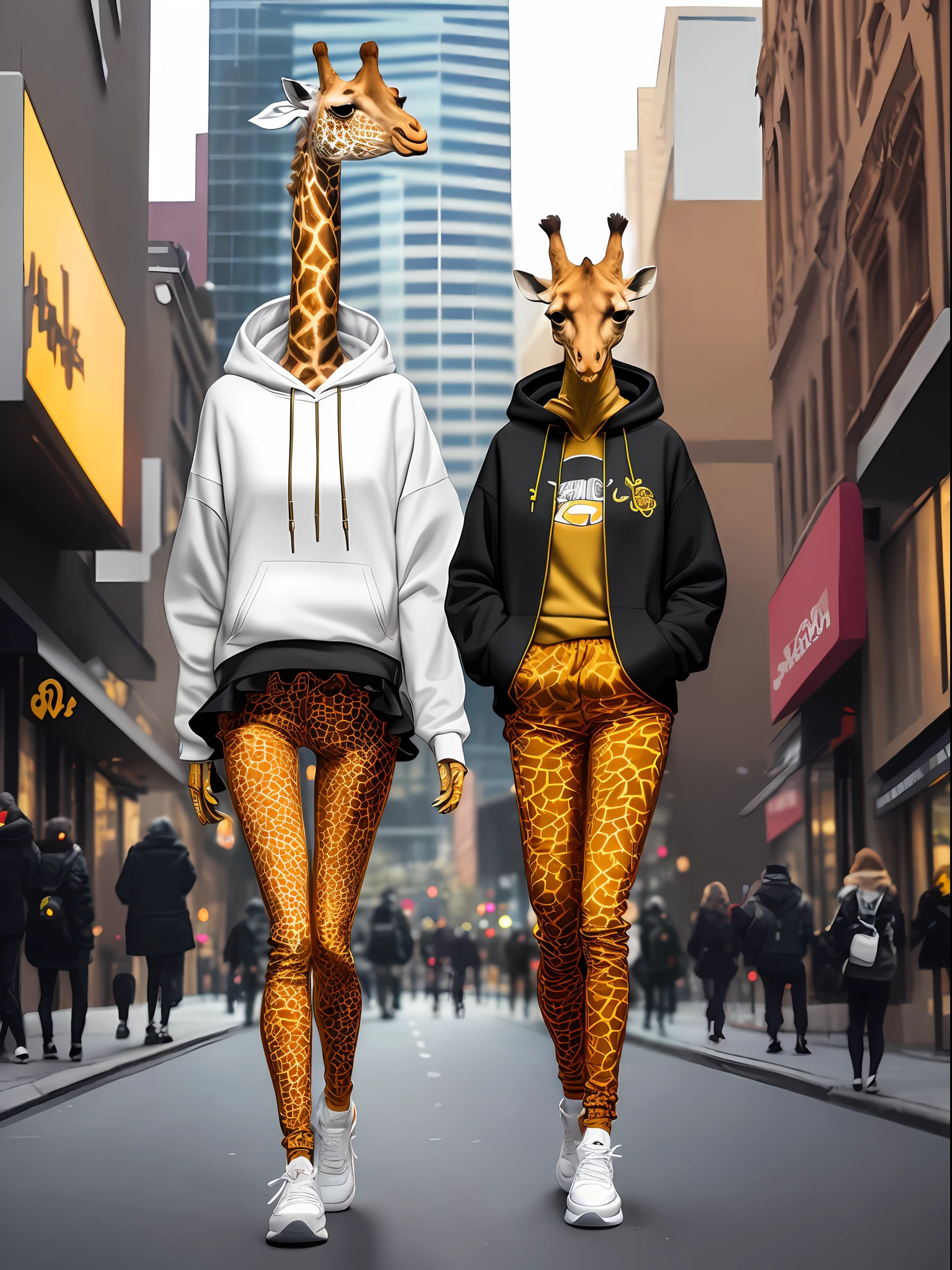 a giraffe (((anthropomorphic,))) , with skirt, hoodie, jewelry, leggings with graphic pattern of giraffe skin, sneakers, vain, beautiful, elegant, strolls in the city, ((((solo))) 80s, ultra-realistic, midday light,