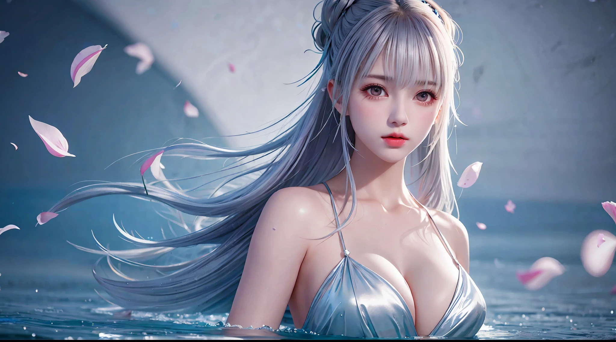 Silver hair, double bun, upper body, standing in water, parted bangs, modern, surreal, film lighting, chiaroscuro, masterpiece, textured skin, high resolution, high quality, high detail, beautiful face, big breasts, obvious cleavage, translucent clothes, falling petals