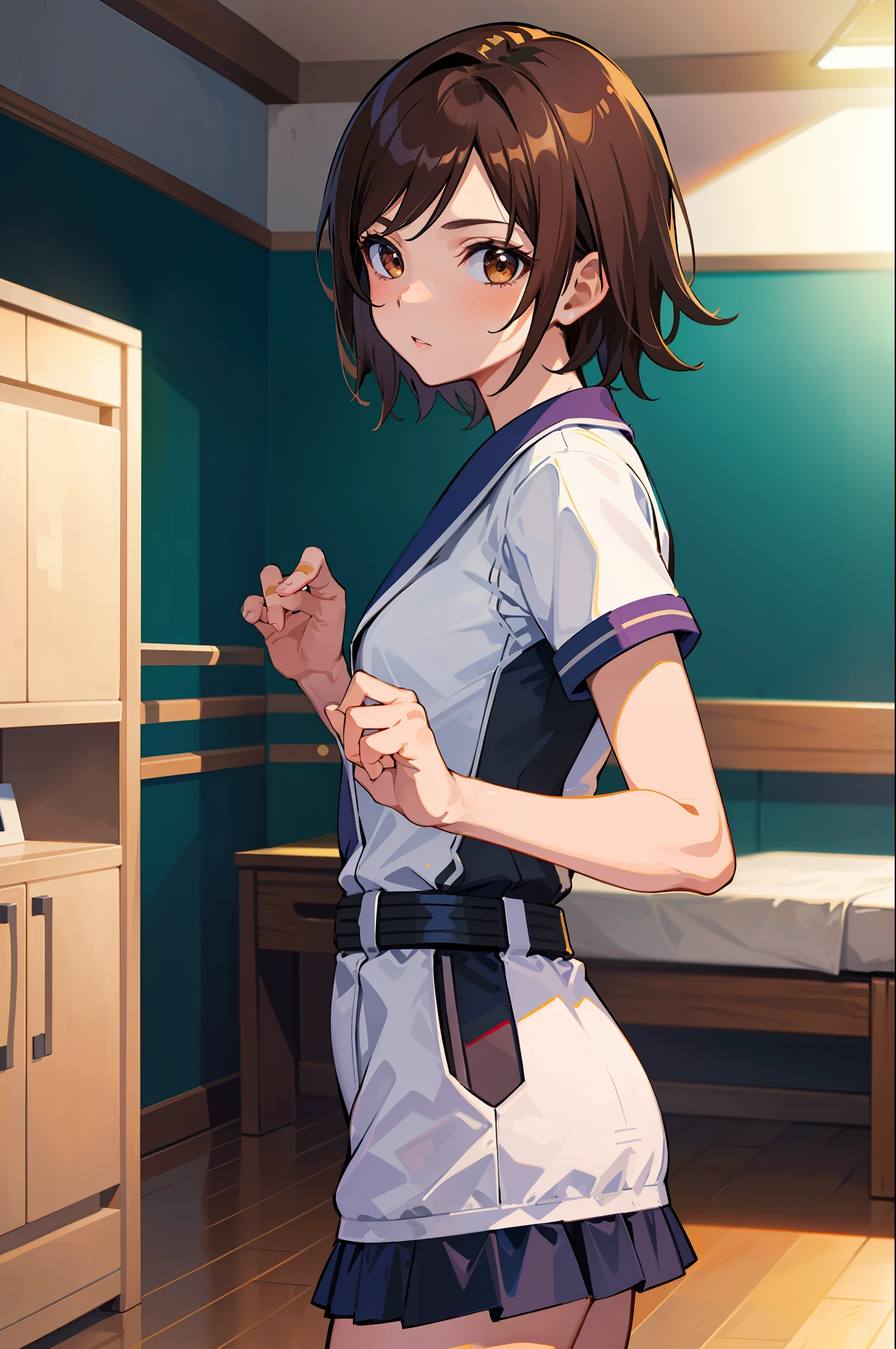 (masterpiece, premium quality: 1.2), alone, strong, 1girl (Kazama Asuka), short brown hair, brown eyes, dancing in a clubhouse
