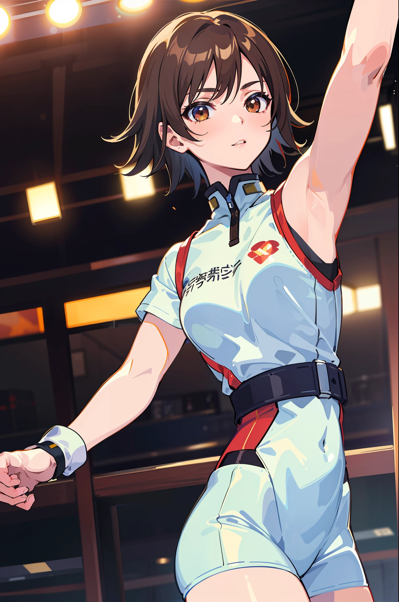 (masterpiece, premium quality: 1.2), alone, strong, 1girl (Kazama Asuka), short brown hair, brown eyes, dancing in a clubhouse
