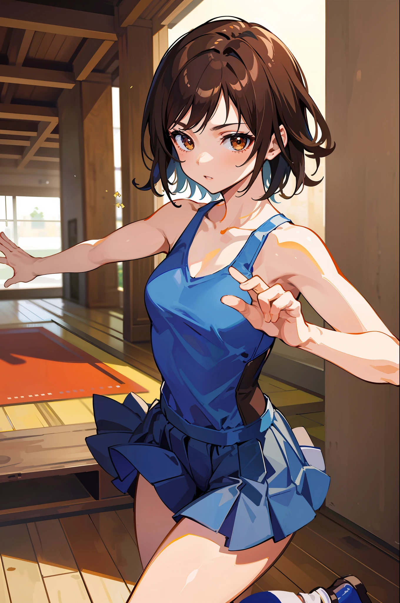 (masterpiece, premium quality: 1.2), alone, strong, 1girl (Kazama Asuka), short brown hair, brown eyes, dancing in a clubhouse