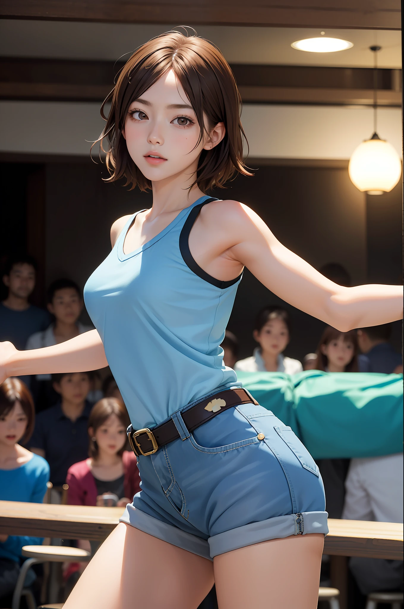 (masterpiece, premium quality: 1.2), alone, strong, 1girl (Kazama Asuka), short brown hair, brown eyes, dancing in a clubhouse