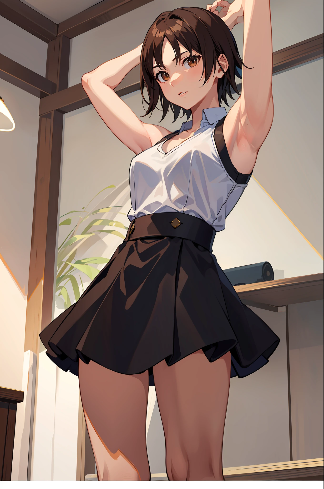 (masterpiece, premium quality: 1.2), alone, strong, 1girl (Kazama Asuka), short brown hair, brown eyes, dancing in a clubhouse