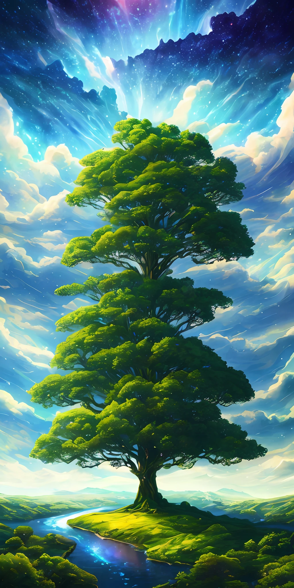 Illustration of a surreal, otherworldly, hyper sky scene including a giant crystal tree full body, highly detailed and magical lighting, intricate forest details, vegetation and surrounding river, solar punk, landscape, giant tree , beautiful green leaves, beautiful lighting and realistic proportions, as if this is a movie background, 8k, highest quality, masterpiece, clouds and stars in the sky.