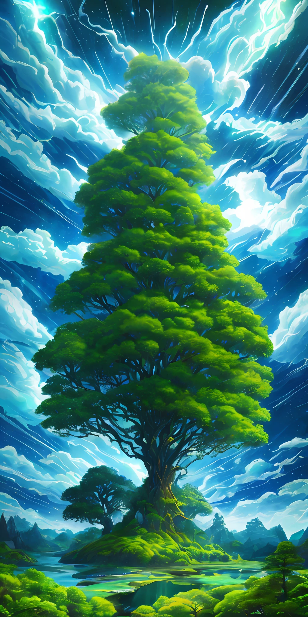 Illustration of a surreal, otherworldly, hyper sky scene including a giant crystal tree full body, highly detailed and magical lighting, intricate forest details, vegetation and surrounding river, solar punk, landscape, giant tree , beautiful green leaves, beautiful lighting and realistic proportions, as if this is a movie background, 8k, highest quality, masterpiece, clouds and stars in the sky.