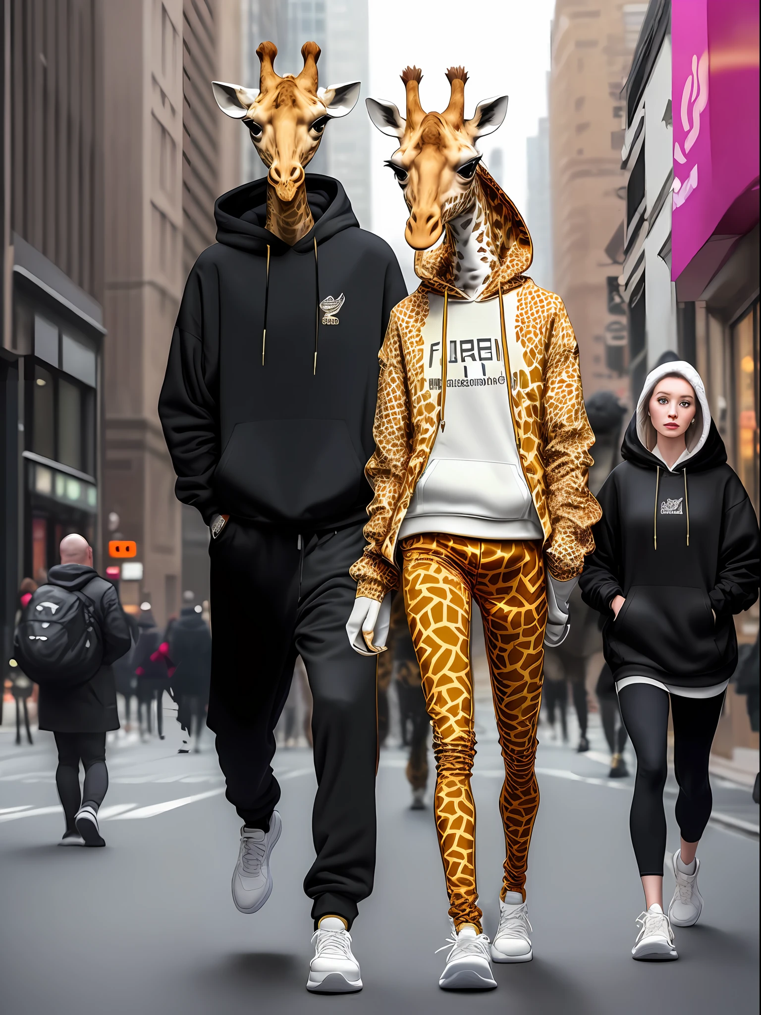 a giraffe (((anthropomorphic,))) , with skirt, hoodie, jewelry, leggings with graphic pattern of giraffe skin, sneakers, vain, beautiful, elegant, strolls in the city, ((((solo))) 80s, ultra-realistic, midday light,