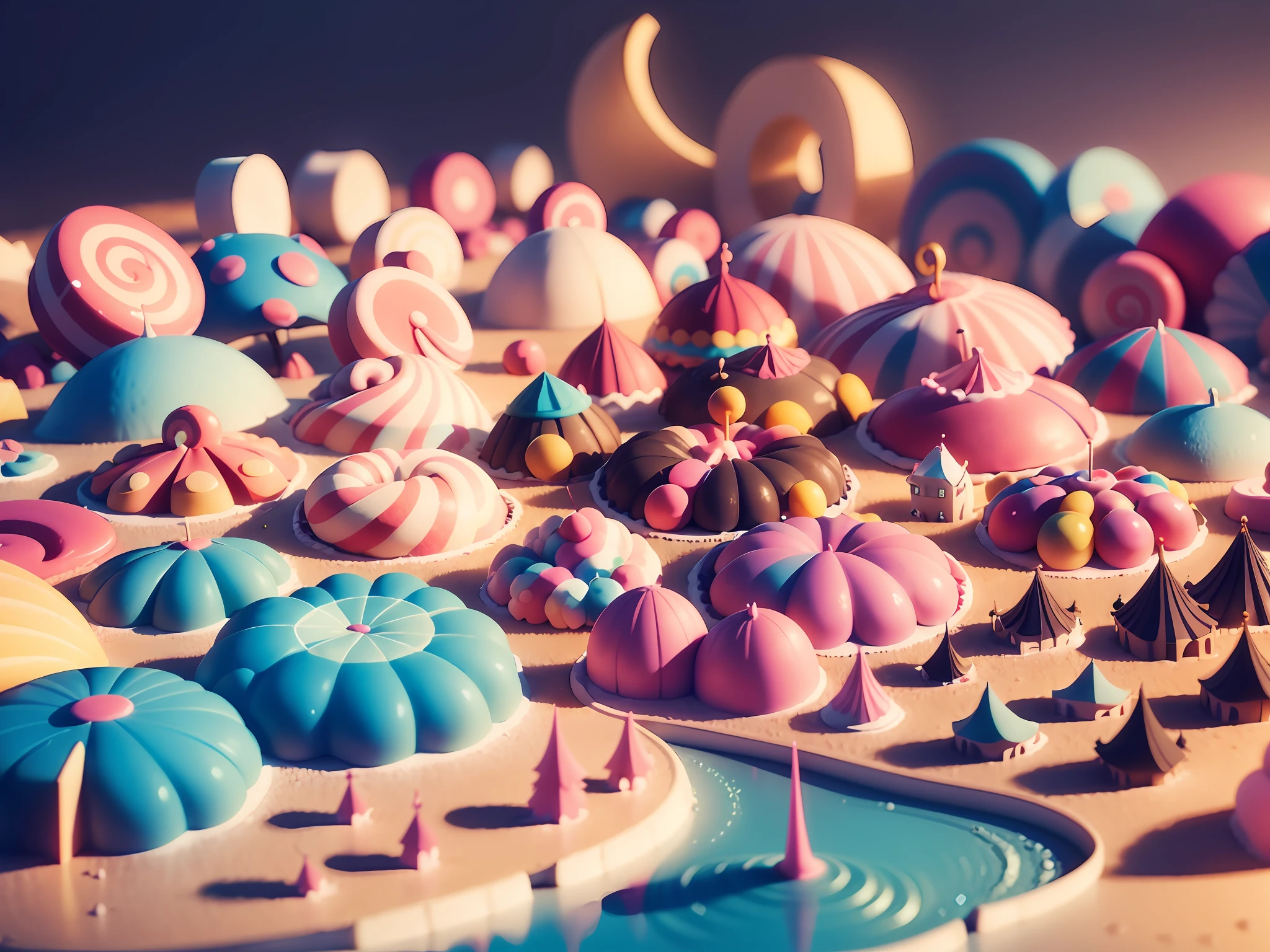 (cute world of candyland, full size 3d candyland), highly detailed, super cute, superb lighting, volumetrics, by Jon Klassen, Ghibli Studio style, Tilt - shift, 80mm lens, unreal engine, Large aperture, 3d, blender, masterpiece, super detail, best quality, --v6