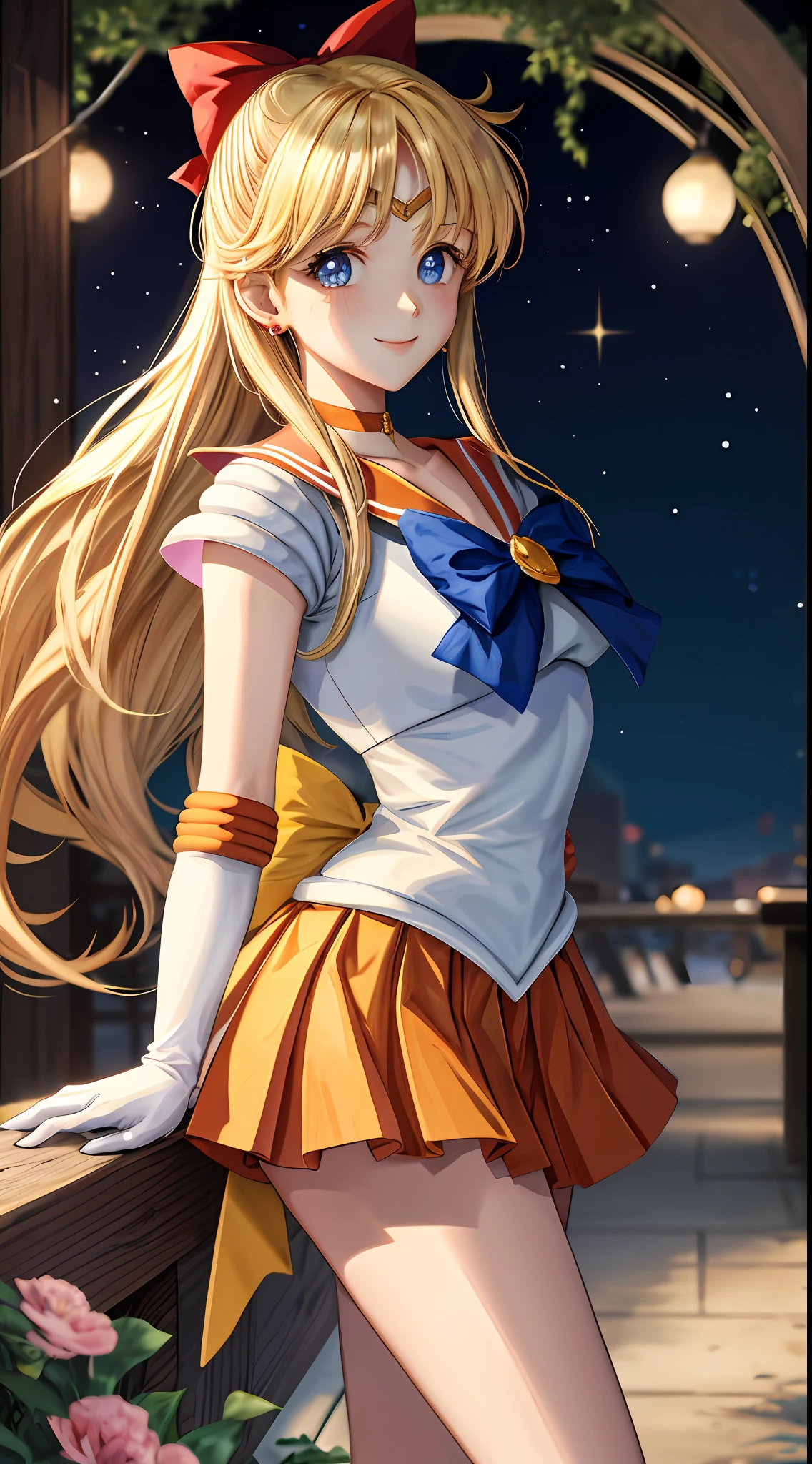 masterpiece, best quality, highres, venus1, 1girl, solo, sailor senshi uniform, sailor venus, aino minako, blonde hair, magical girl, blue eyes, orange skirt, elbow gloves, tiara, pleated skirt, hair bow, orange sailor collar, miniskirt, choker, red bow, orange choker, white gloves, very long hair, jewelry, earrings, cowboy shot, smile,