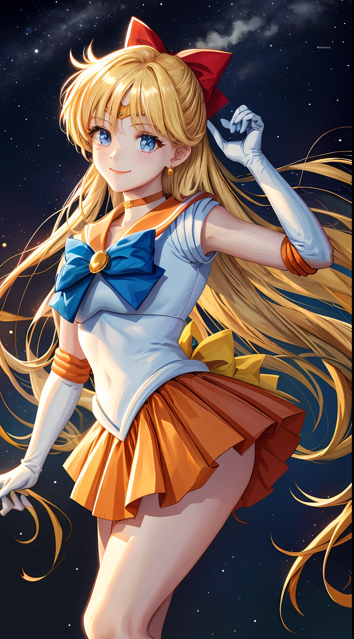 masterpiece, best quality, highres, venus1, 1girl, solo, sailor senshi uniform, sailor venus, aino minako, blonde hair, magical girl, blue eyes, orange skirt, elbow gloves, tiara, pleated skirt, hair bow, orange sailor collar, miniskirt, choker, red bow, orange choker, white gloves, very long hair, jewelry, earrings, cowboy shot, smile,