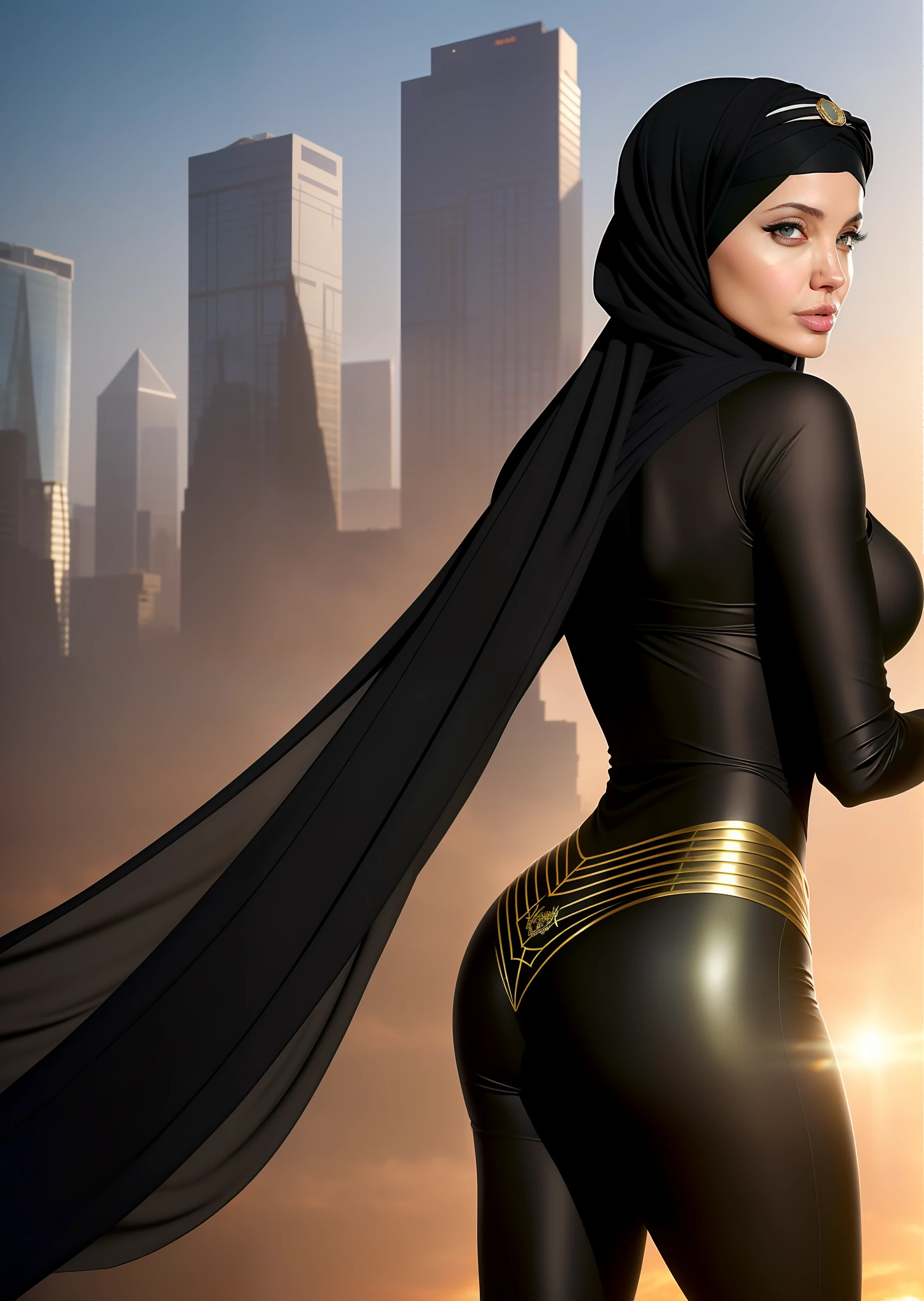 Angelina Jolie(1hijabi girl:1.4), ( from behind view) in detailed brown Spider-Man costume, big breasts, superhero pose, standing on skyscraper, hyperdetailed, smoke, sparks, sunbeams, (8k), realistic, symmetrical, award-winning, heavy fog, soaked, film, 75mm, scratches, full body shot, close-up, torn and dirty clothes, detailed face,