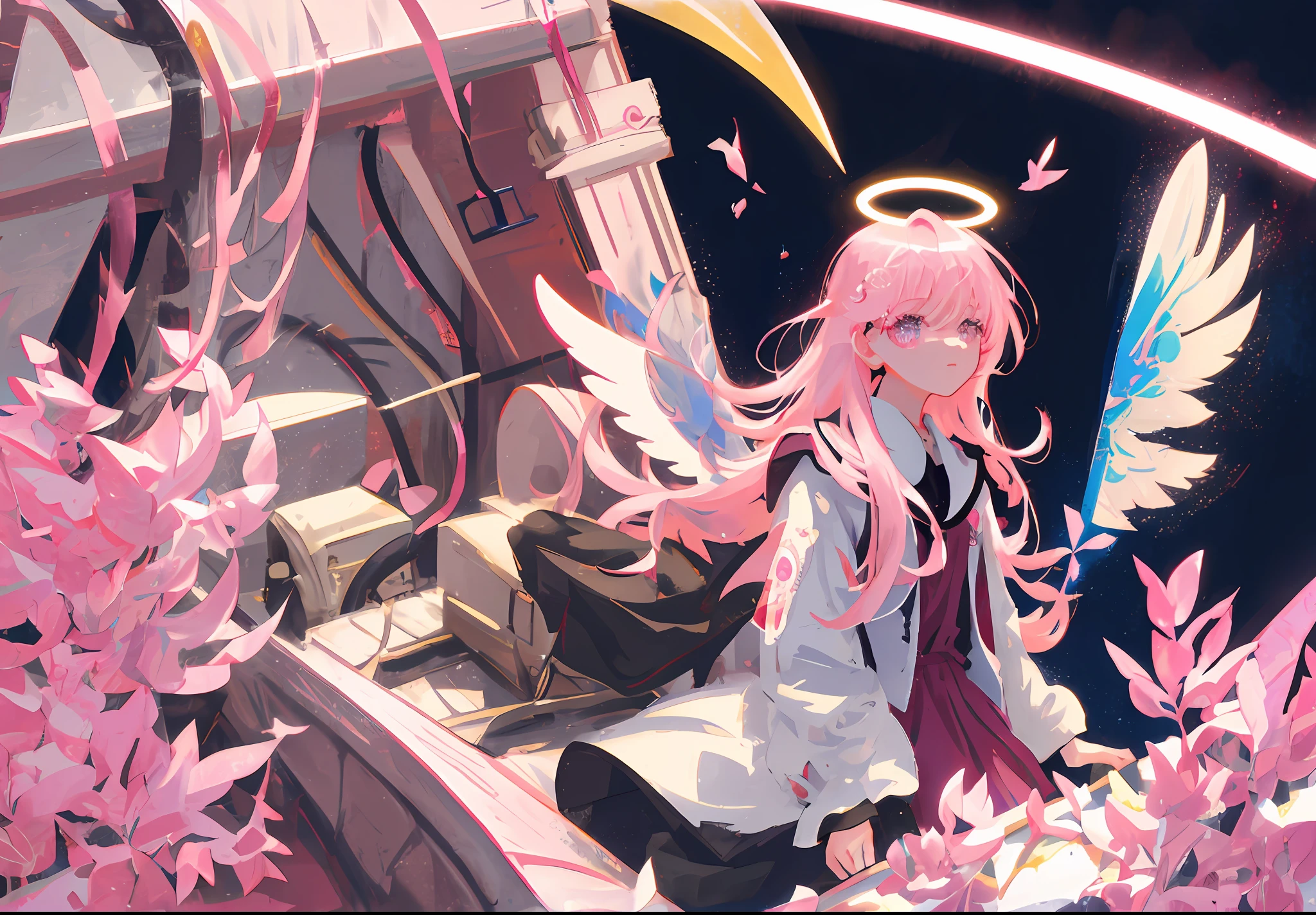 Masterpiece, Superb Quality, Super Detailed, Illustration, Close-up, Direct Vision, Face Focus, 1girl, Pink Hair, Pink Eyes, Long Hair, Halo, Angel Wings, Calm Expression, Look at the Viewer