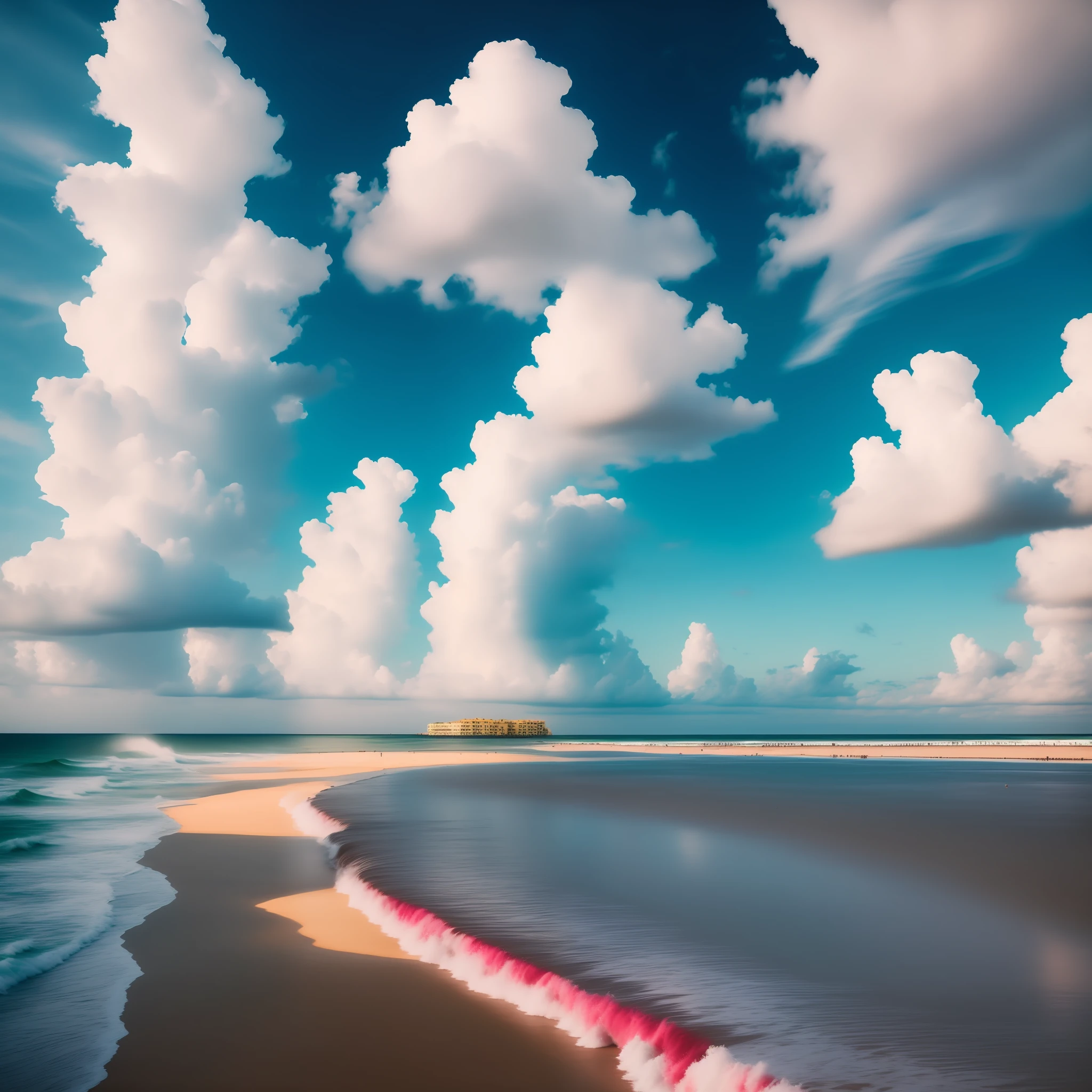 There is a picture of a beach with waves coming in, magical beach, breathtakingly beautiful beach, marshmallow clouds, light shining out of the clouds, beach surreal photography, beautiful ocean, breathtaking clouds, surreal clouds, beautiful magical palm beach, beautiful beach, clouds and waves, colorful clouds, beach landscape, fantasy ocean landscape, beautiful fantastic breathtaking, surreal colors, breathtaking composition