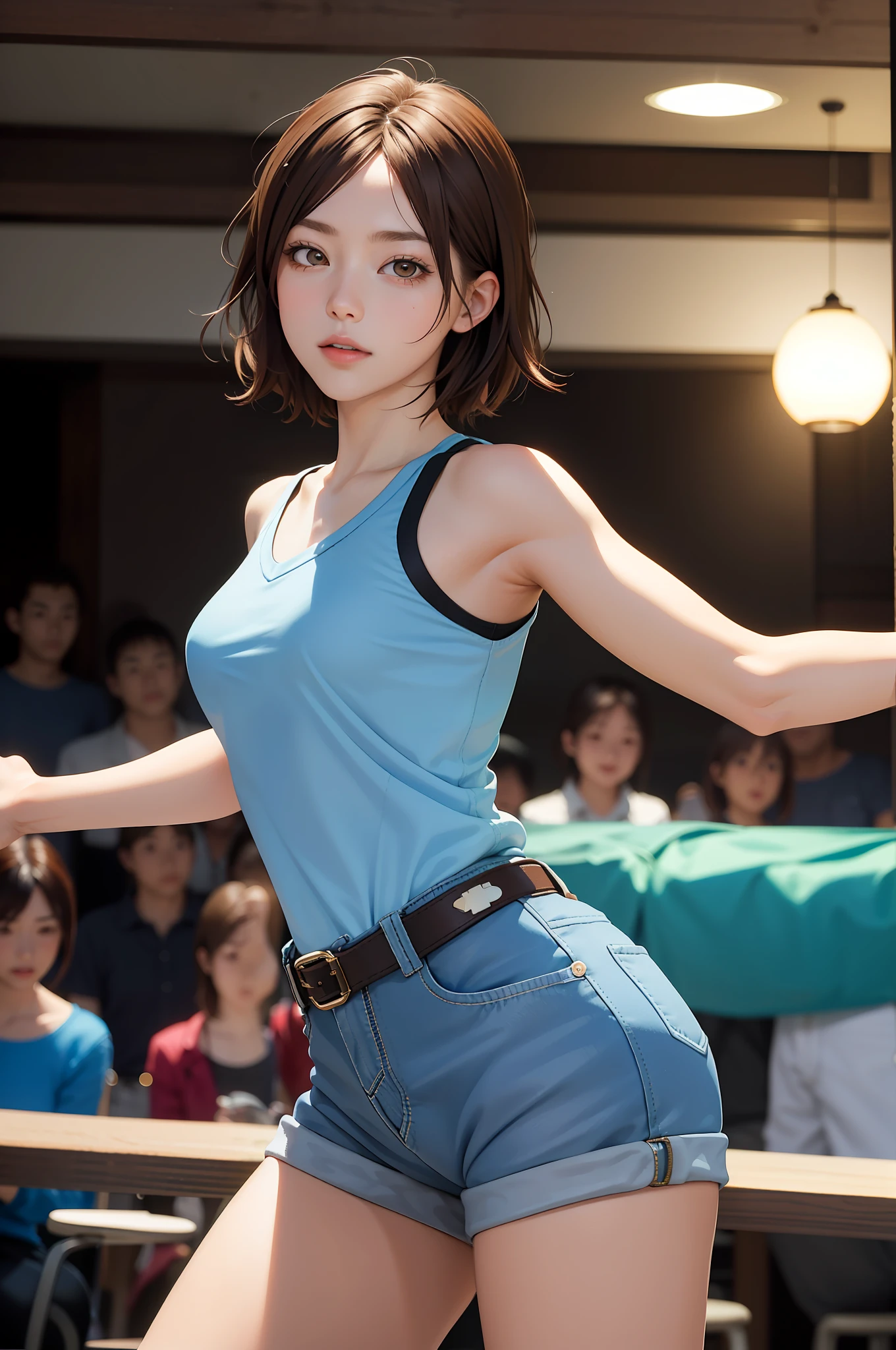 (masterpiece, premium quality: 1.2), alone, strong, 1girl (Kazama Asuka), short brown hair, brown eyes, dancing in a clubhouse (gloves:1:1, boots: 1:1)