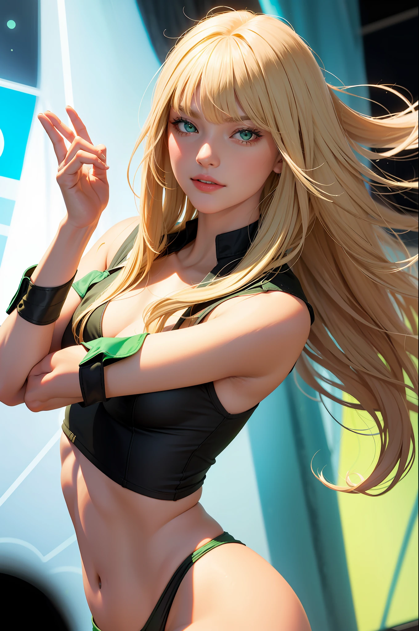 (obra-prima, qualidade premium: 1.2), sozinha, strong, 1girl (magik), long blond hair with bangs, green eyes, dancing in a club in highschool uniform