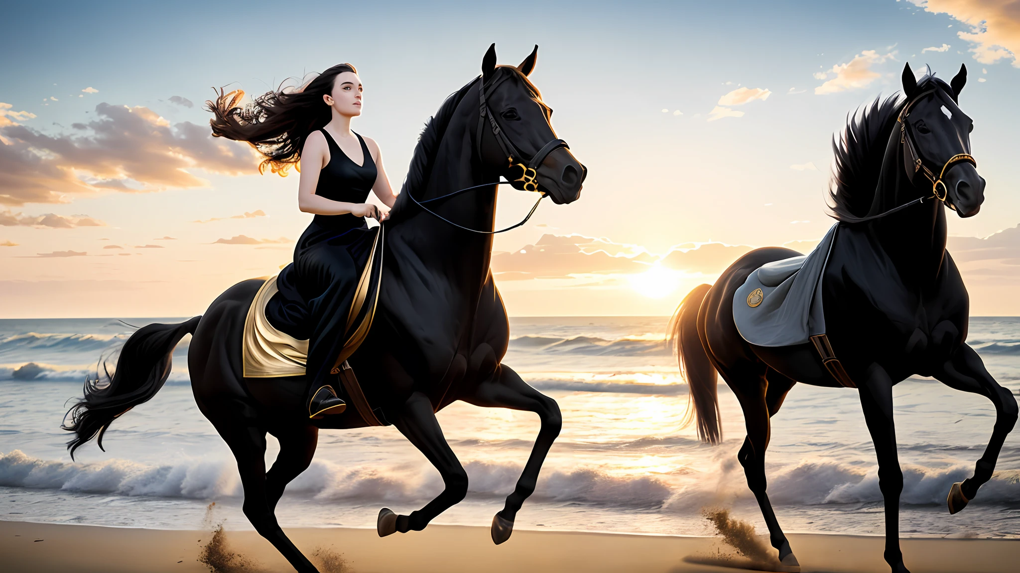 epic movie poster, professional photo,
a beautiful 25-year-old woman, wearing a long black silk dress, assaulting a black horse, on the beach,
Professional digital art, professional lighting, dramatic lighting, high resolution, 8K, ultra high definition, HDRI, golden hour,