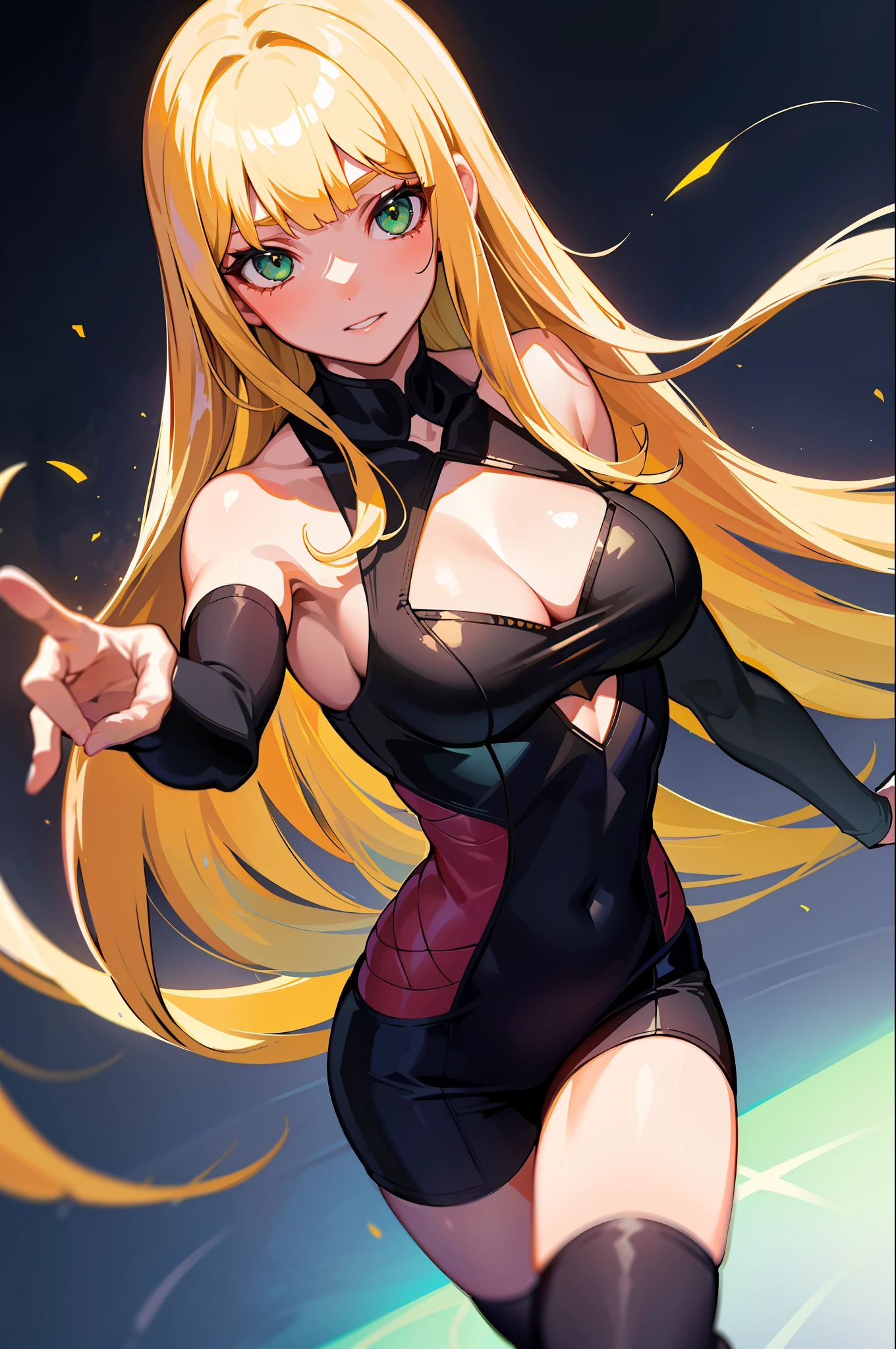 (obra-prima, qualidade premium: 1.2), sozinha, strong, 1girl (magik), long blond hair with bangs, green eyes, dancing in a club in highschool uniform