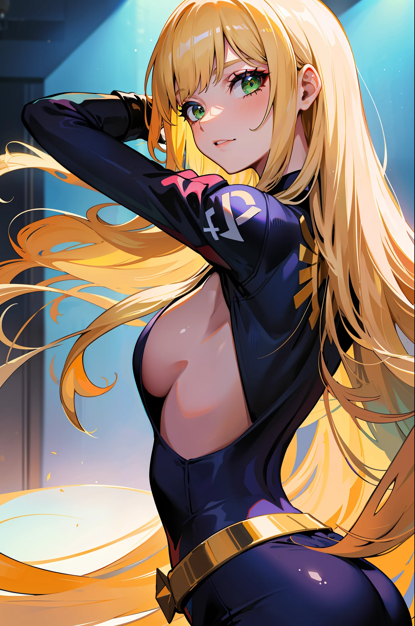 (obra-prima, qualidade premium: 1.2), sozinha, strong, 1girl (magik), long blond hair with bangs, green eyes, dancing in a club in highschool uniform