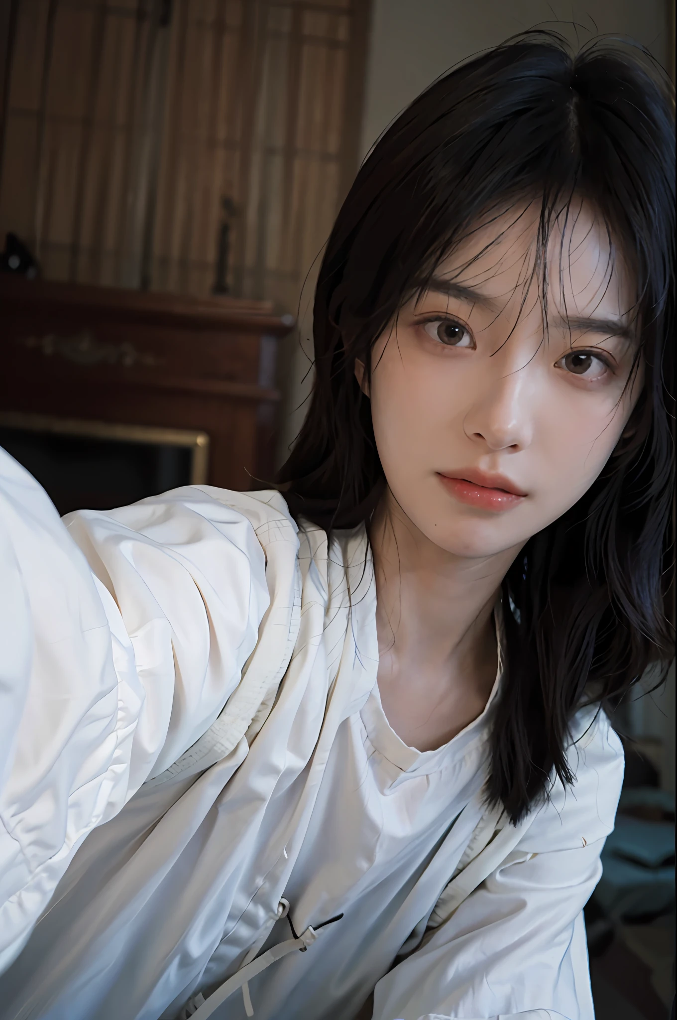 8K, Best Quality, Masterpiece, Ultra High Resolution, (Realism: 1.4), Original Photo, (Realistic Skin Texture: 1.3), (Film Grain: 1.3), (Selfie Angle), 1 Girl, Beautiful Eyes and Face Details, Masterpiece, Best Quality, Close-up, Upper Body, Looking at the Viewer
