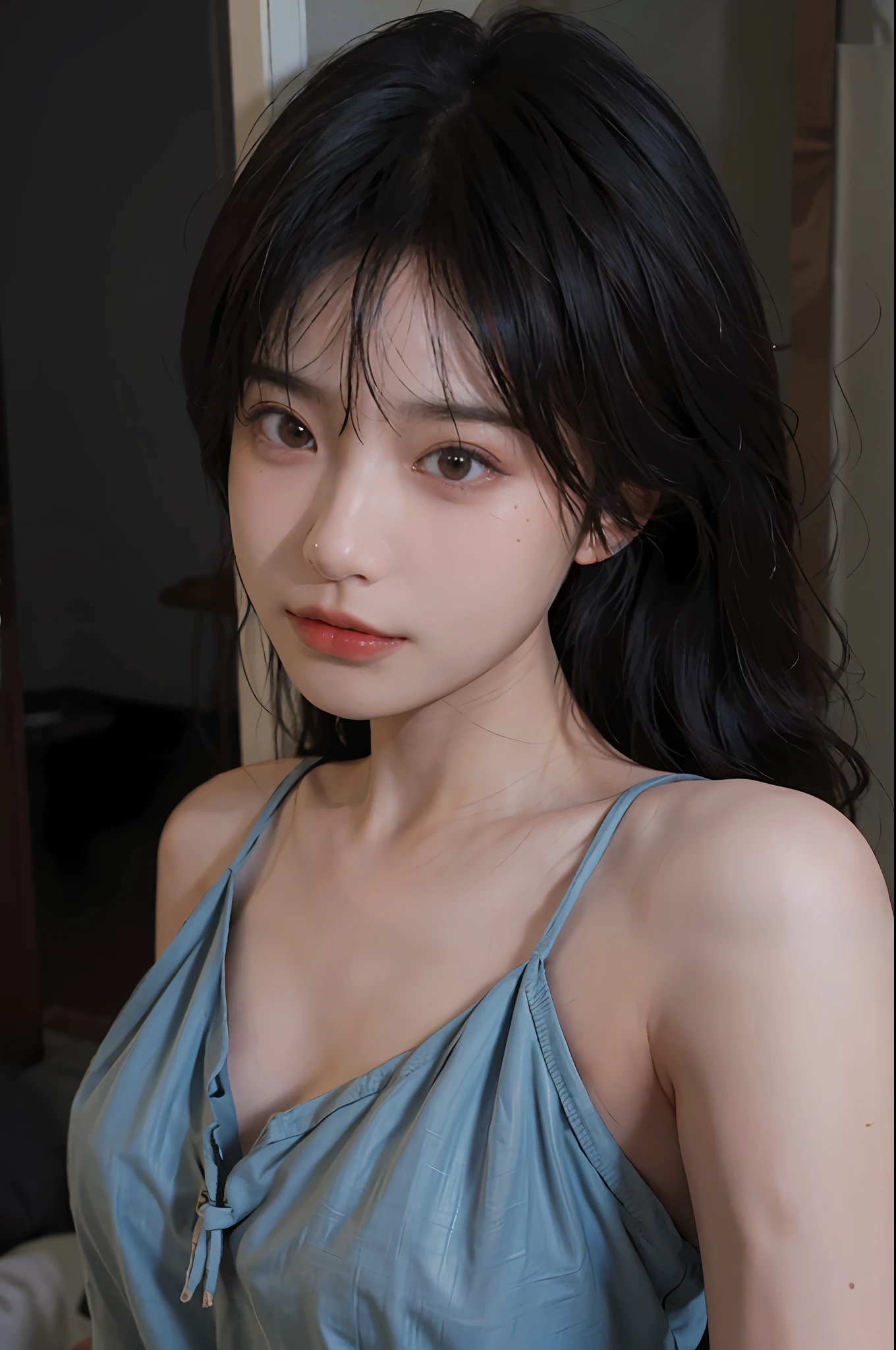 8K, Best Quality, Masterpiece, Ultra High Resolution, (Realism: 1.4), Original Photo, (Realistic Skin Texture: 1.3), (Film Grain: 1.3), (Selfie Angle), 1 Girl, Beautiful Eyes and Face Details, Masterpiece, Best Quality, Close-up, Upper Body, Looking at the Viewer